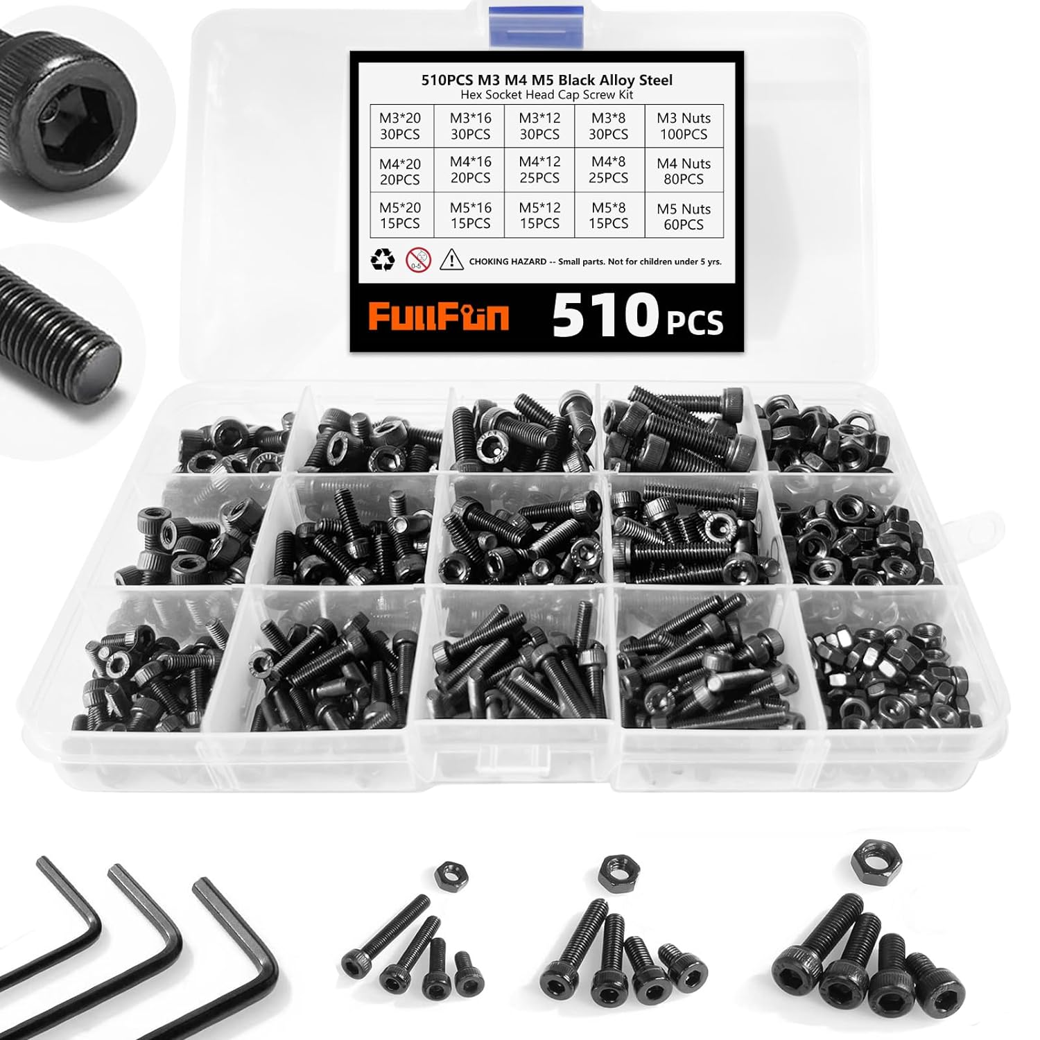 Fullfun 510PCS M3 M4 M5 Button Head Socket Cap Screw Bolts Nuts Assortment Kit, 304 Stainless Steel Metric Screws with 3PCS Allen Wrenches, Allen Socket Hex Drive Machine Screws Set image number 4