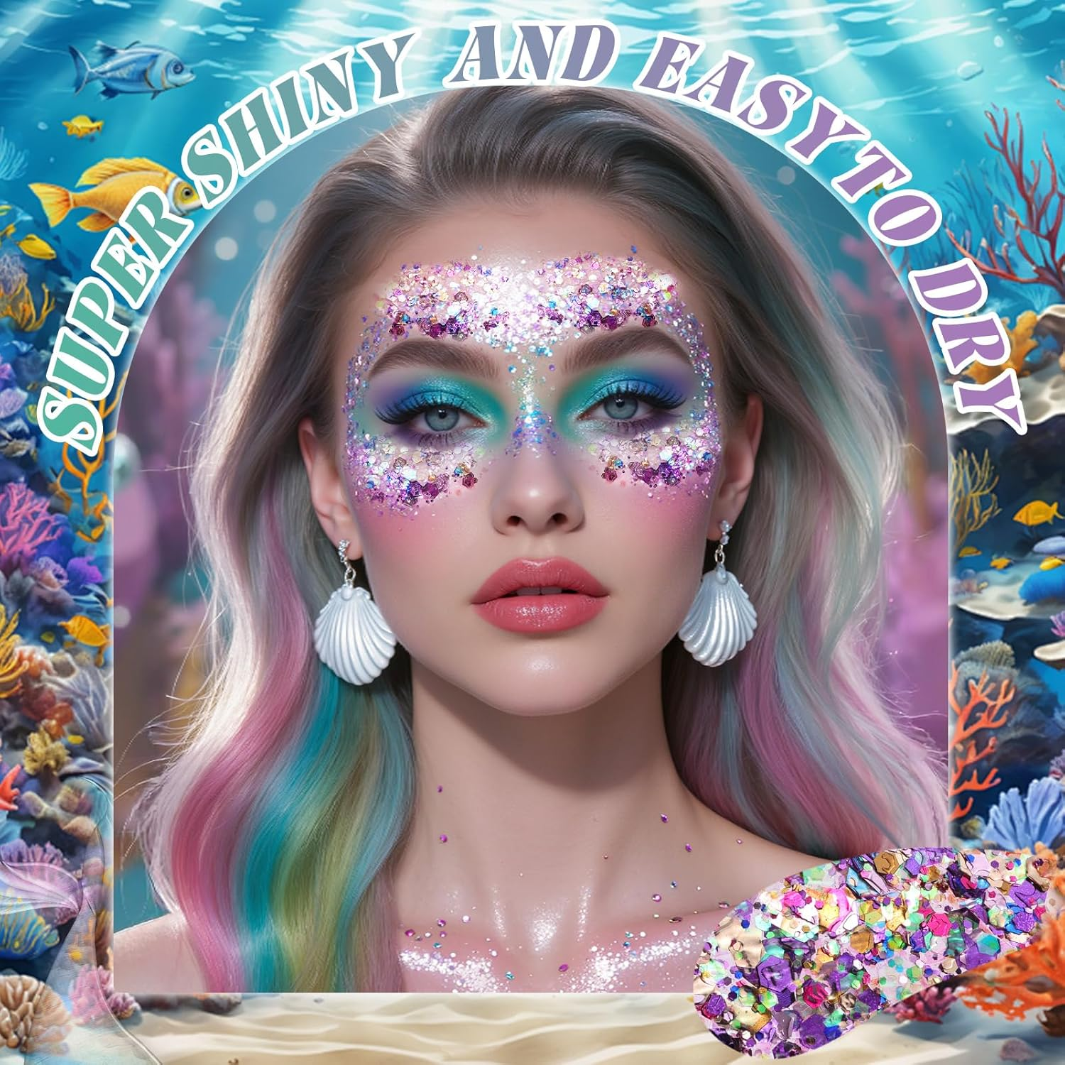 DAGEDA Mermaid Body Glitter Gel,Sparkly Face Hair Eye Glitter Makeup,Quick-Drying Body Shimmer Holographic Sequins, Singer Concert, Festival Rave Makeup Accessories image number 4