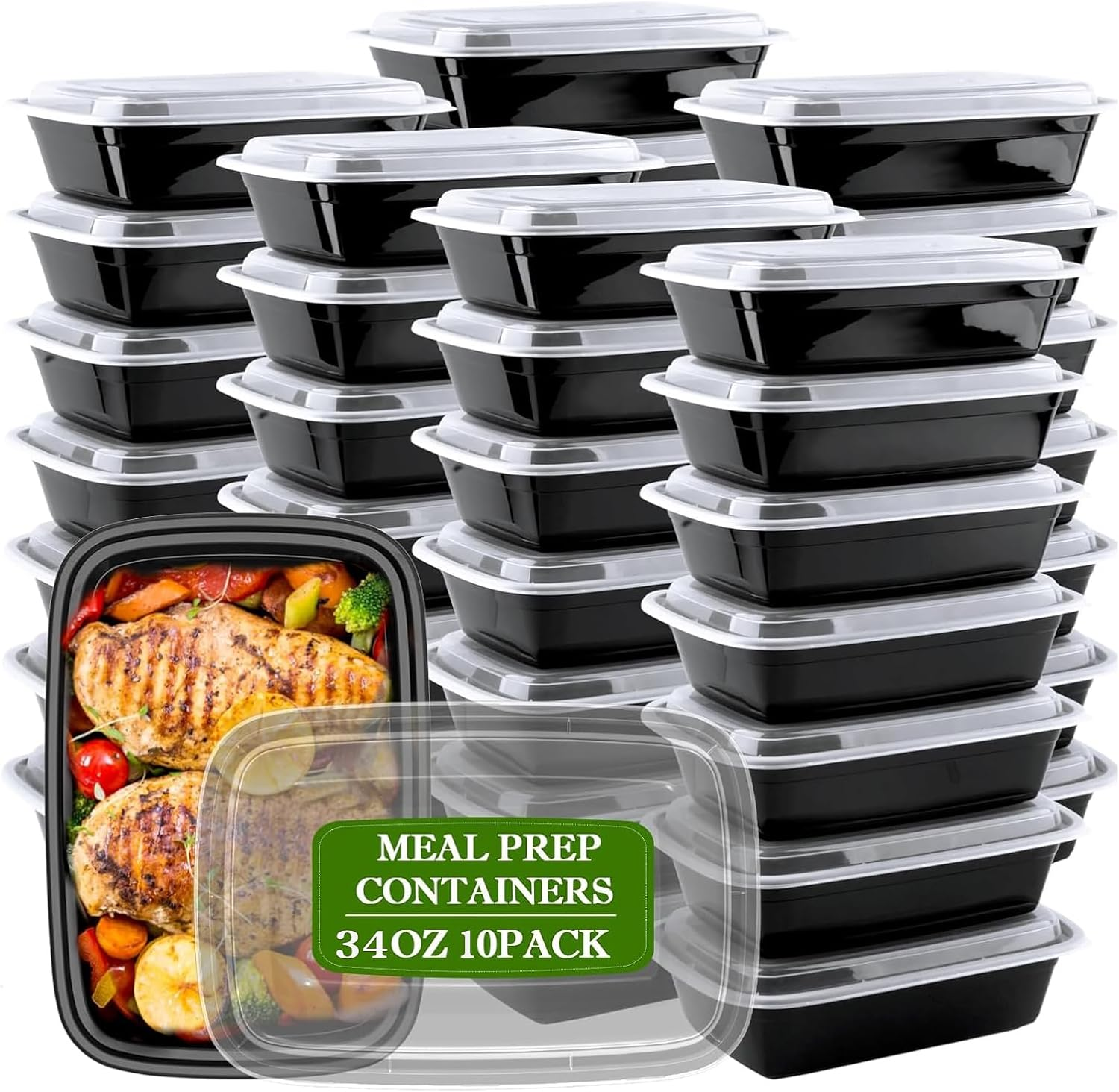 Meal Prep Containers (34 Oz) Reusable with Easy Open Lids, Microwave Freezer Dishwasher Safe, Sturdy Leakproof Food Safe, to Go Take Out Plastic Food Storage Pans with Lids, Black (10 Pcs)