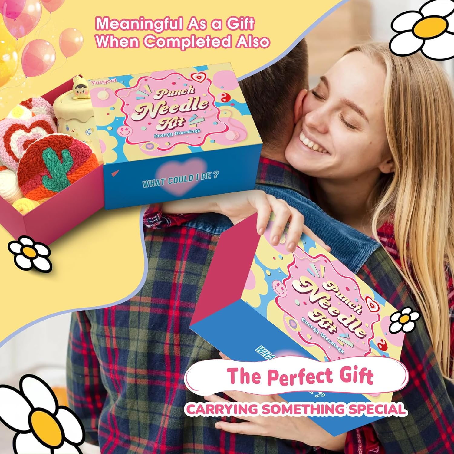 Yuegool 6PCS Punch Needle Coasters Kit,Easy DIY Punch Needle Embroidery Kit for Beginners Adults Kids Including Energy Blessings Patterns, Tools, Yarns, Hoop, Instruction, Coaster Holder image number 1