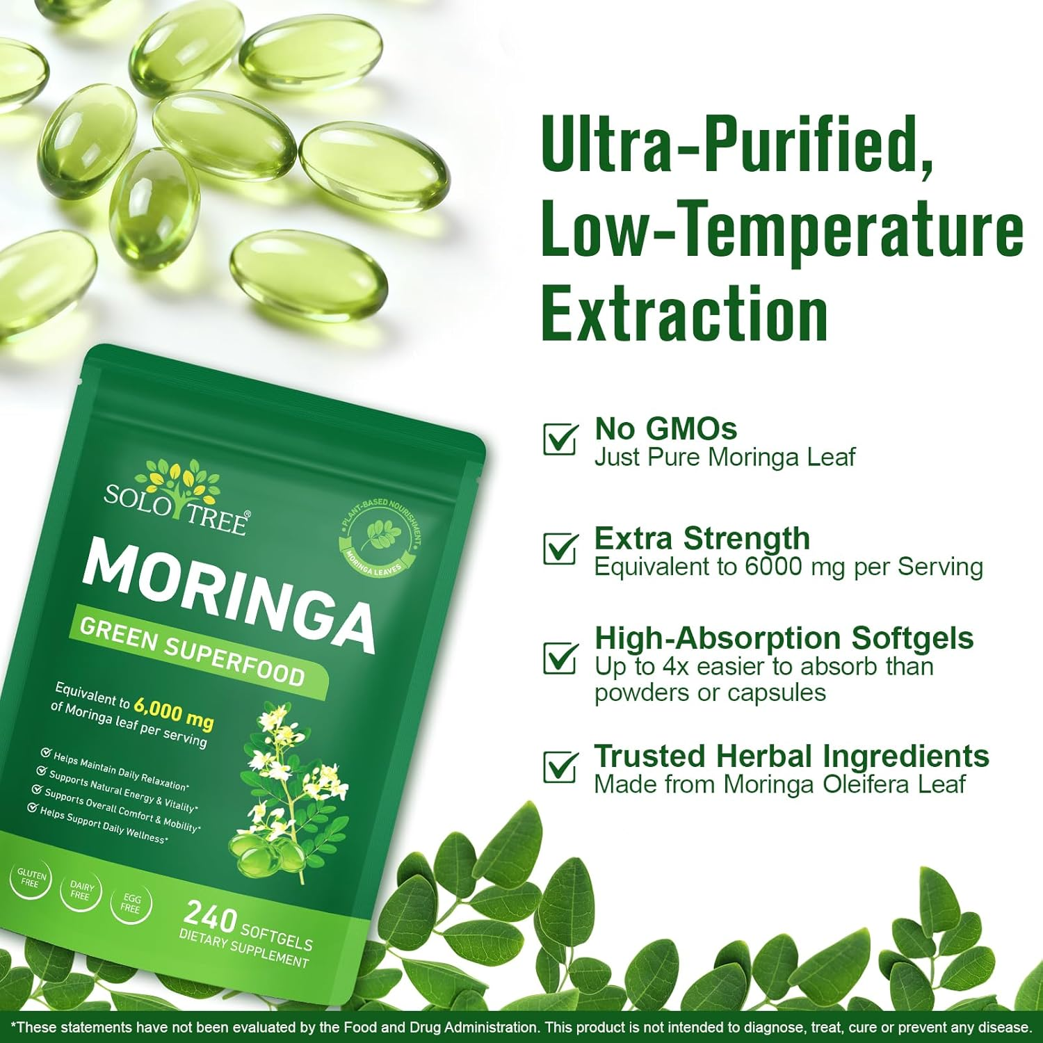 Moringa Softgels 6000Mg Equivalent | Plant-Based Moringa Leaf Extract | Gluten-Free, Dairy-Free, Egg-Free | Made for Daily Use | 240 Count image number 3
