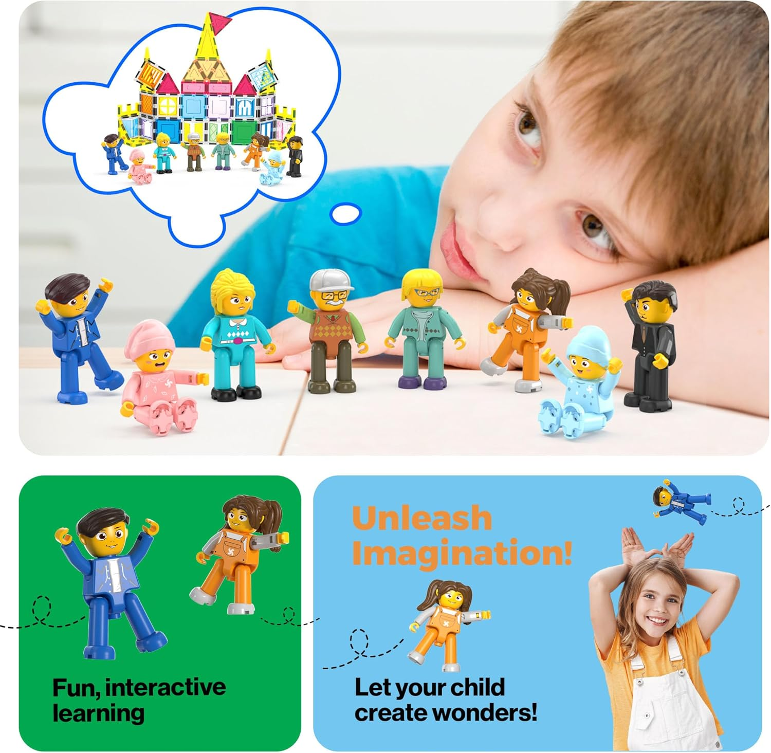 Picasso Toys Magnetic Action Figures 8 Piece Family Character for Construction Building Block Tiles Toddler Toy Set Magnet Expansion Variety Pack Educational STEM Learning Kit Pretend Playset PTA11 image number 6