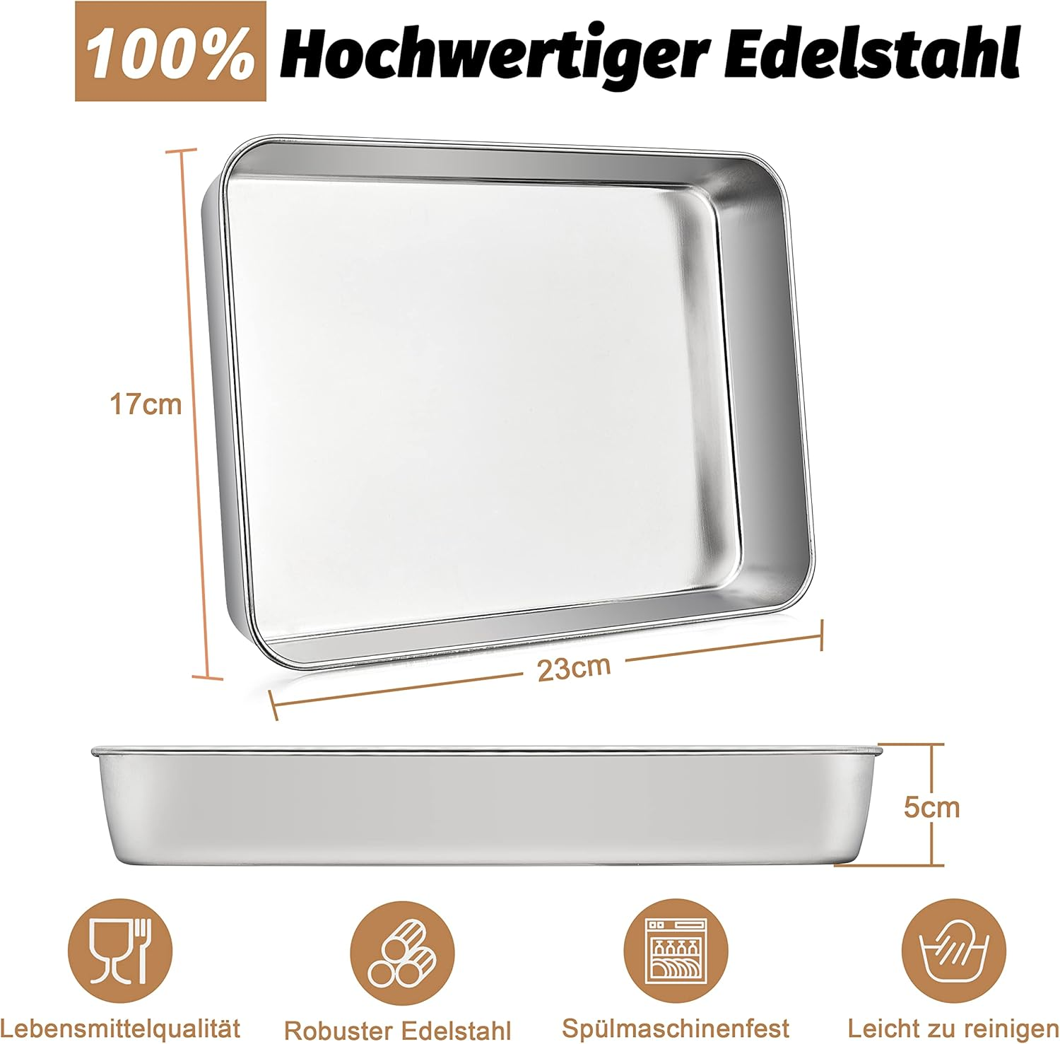 Baking Tray, Haware Stainless Steel Small Casserole Dish, Fat Pan, Oven Mould, Set of 2, Rectangular Deep Oven Tray, Cake Tray for Baking/Roasting/Serving, Non-Toxic & Healthy, Dishwasher Safe image number 2