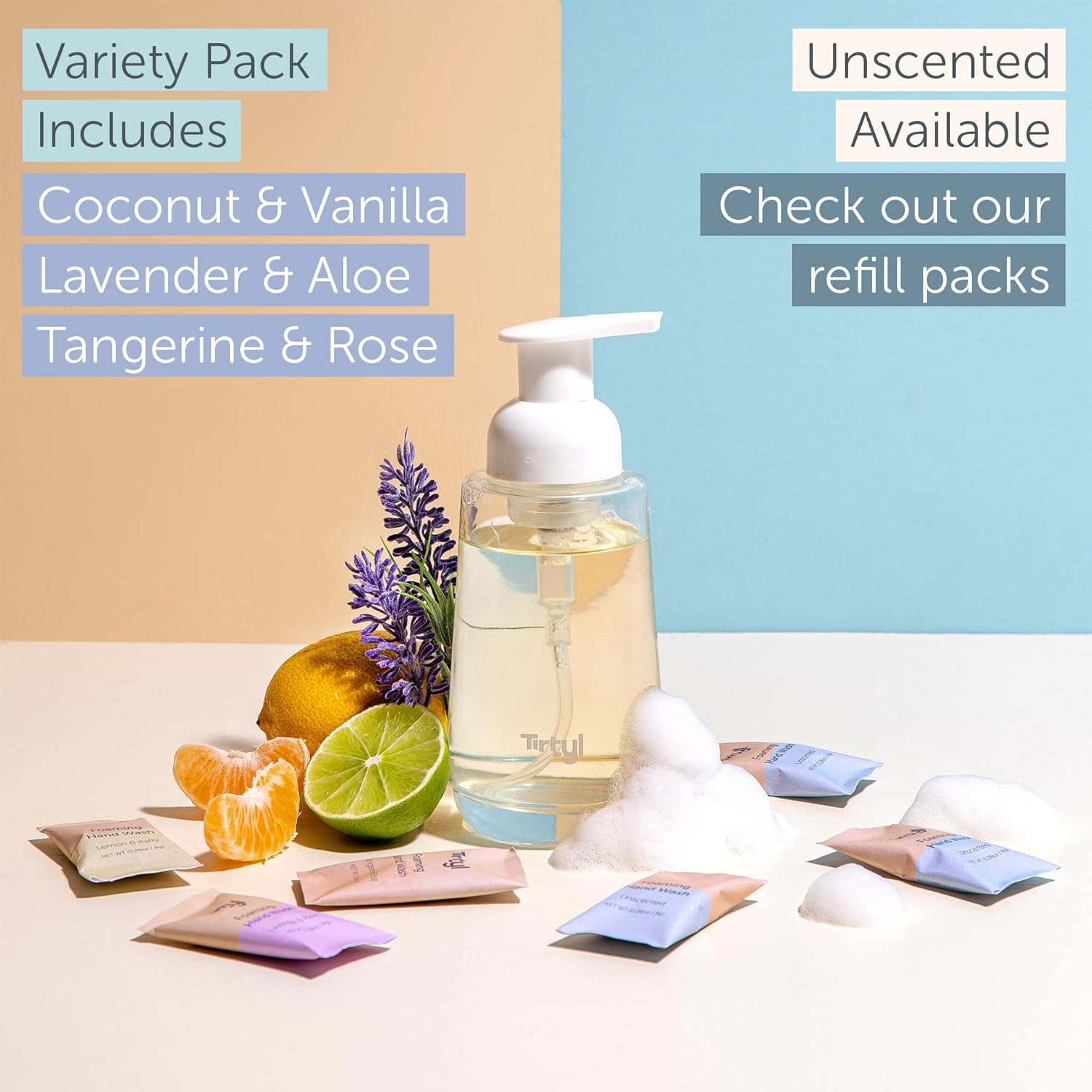 Tirtyl Hand Soap Duo Kit - 2 Glass Foaming Dispensers + Storage Tin + 6 Tablet Refills - Compostable Packaging - Variety Fragrances - 1.5L Total (Makes 6X 250Ml Bottles of Soap) image number 4