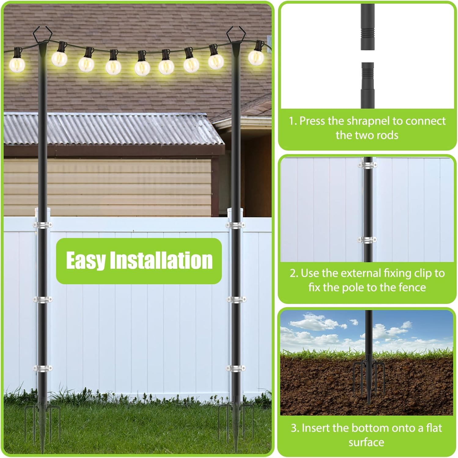 6 Pack 10FT String Light Poles, Metal Light Pole for outside String Lights with Fork, Hanging Light Pole for Patio, Adjustable Outdoor Lighting Poles for Backyard,Garden,Deck,Party,Wedding image number 5