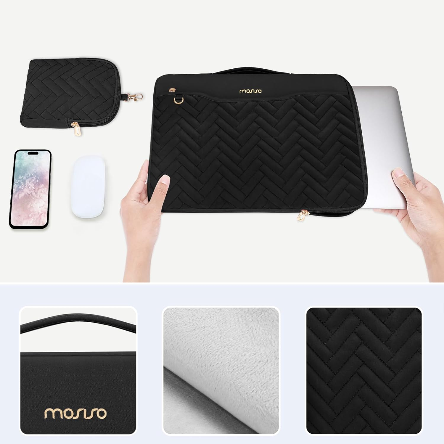 MOSISO 13-14 Inch 360 Protective Laptop Sleeve Compatible with Macbook Air/Pro, 13-13.3 Inch Notebook, Compatible with Macbook Pro 14, Rectangle Quilted Bag with Handle&Pocket&Small Case, Black image number 6