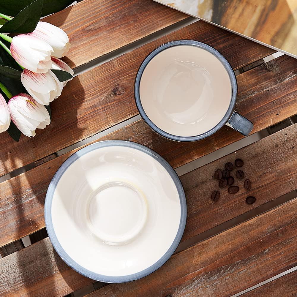 Coffeezone Vintage Design 12 Oz Ceramic Latte Art Cappuccino Barista Cup with Saucer (Beige) image number 2