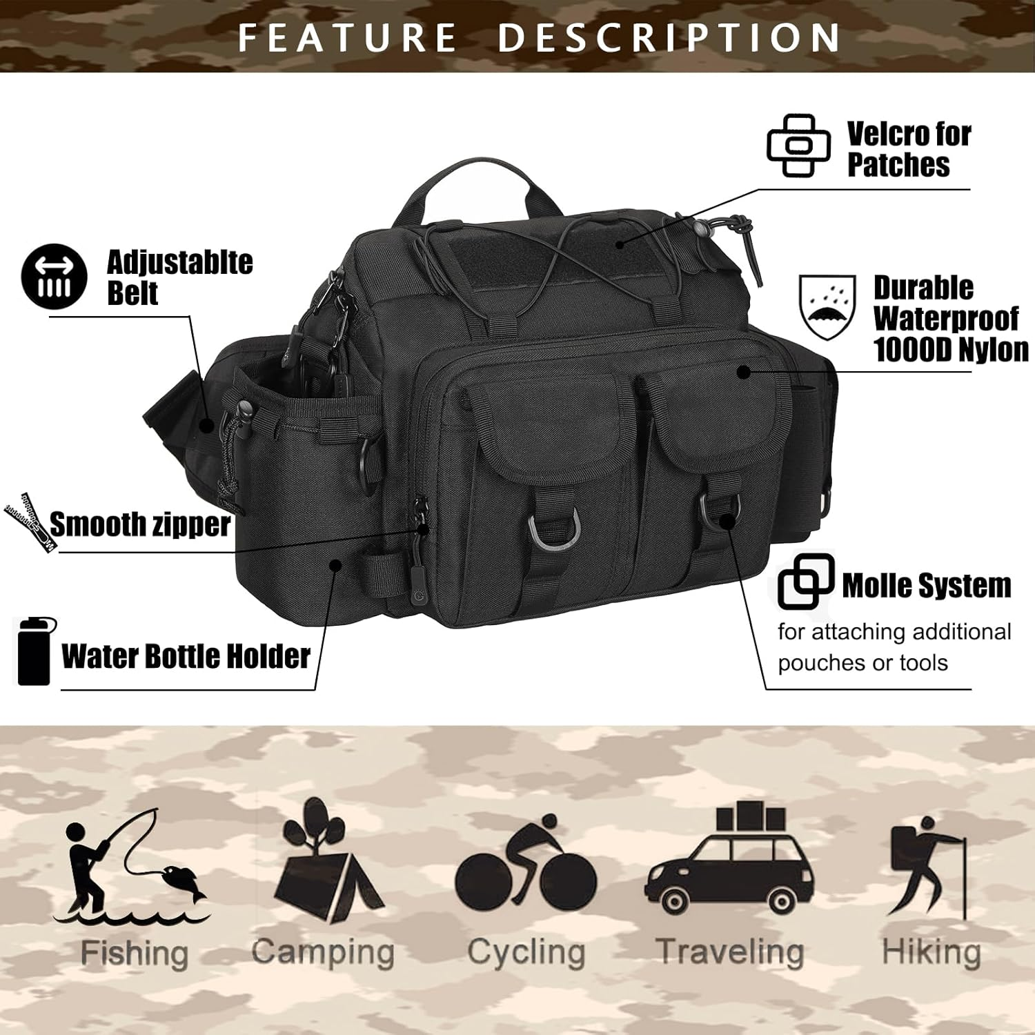 Fishing Tackle Bag Crossbody Sling Bag Fly Fishing Gear Organizer Pack for Fishing Hiking Camping Hunting Waist Bag for Men 1000D Nylon Waterproof (Black) image number 5