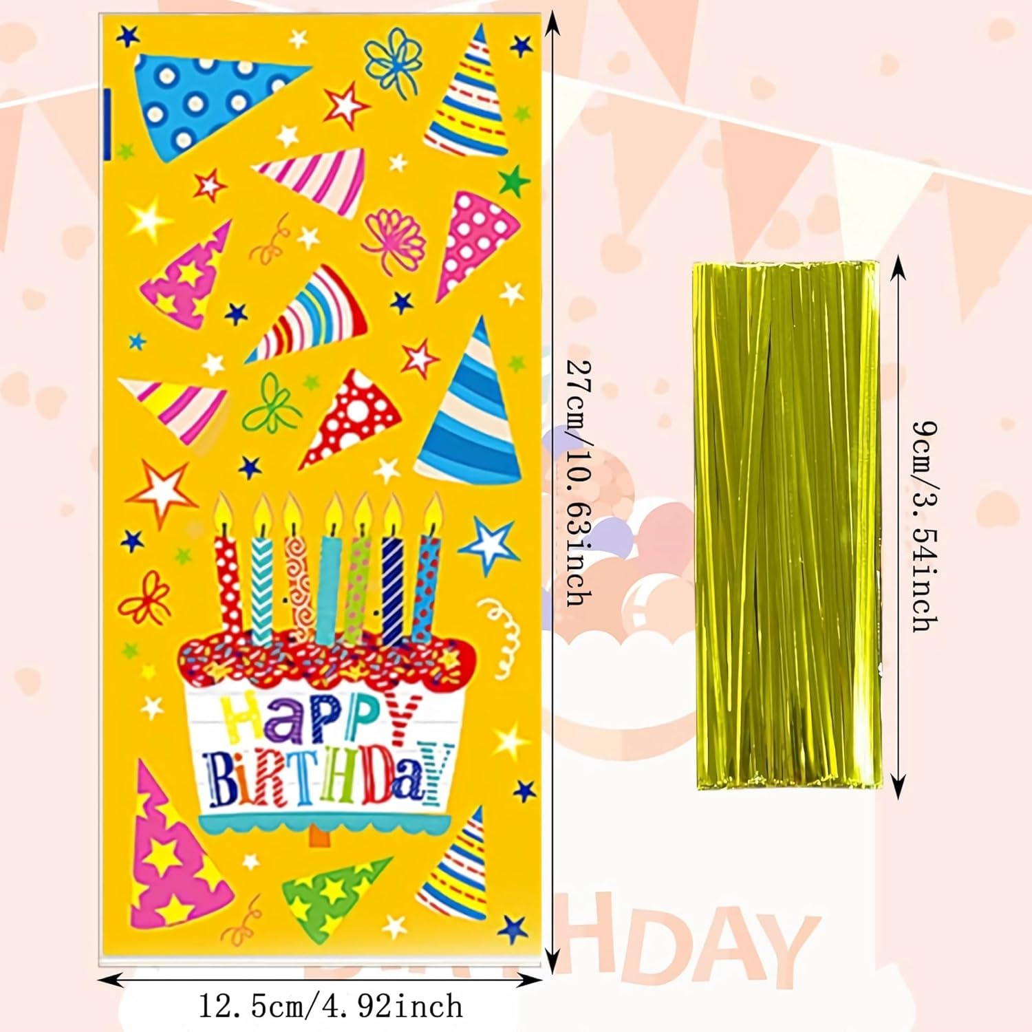 100 Pcs Birthday Treat Bags,4 Cartoon Designs Happy Birthday Cellophane Bags Candy Goodies Snacks Cookies Bags with Twist Ties for Birth Day, Baby Showers, Holiday Party Favor Gift Decor (Colorful)