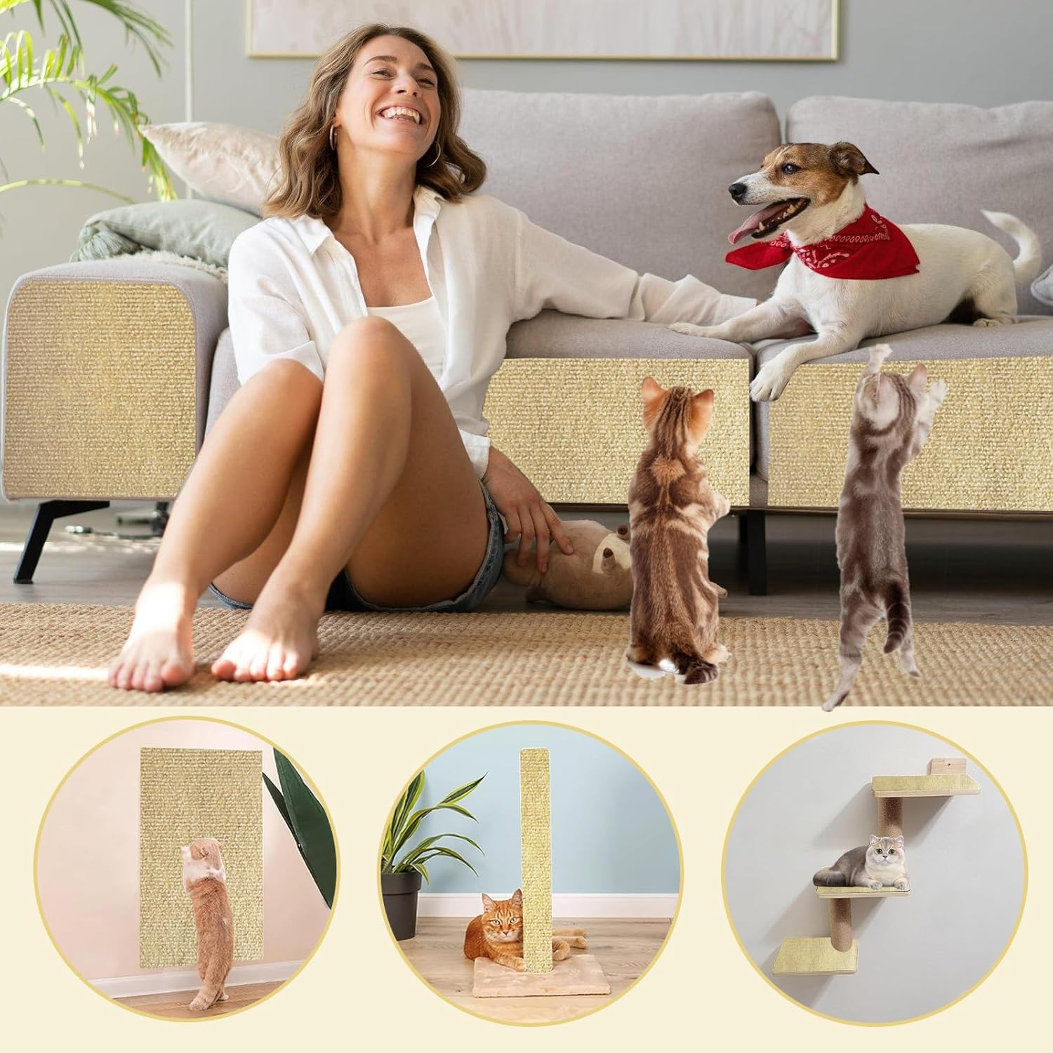 Cat Wall Scratching Mat, Cat Sofa, Trimmable Self-Adhesive Scratching Wall Cat Scratching Boards (Khaki) image number 3