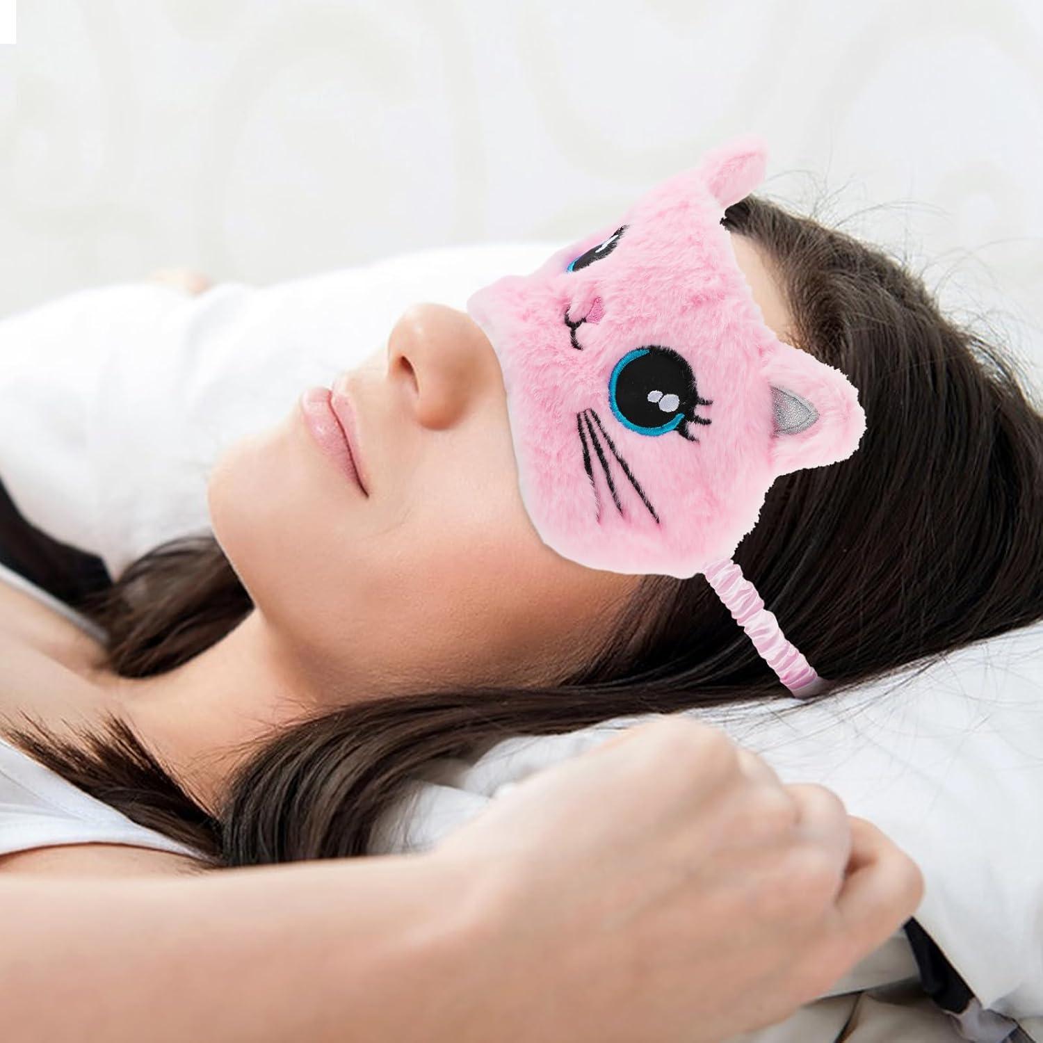 2 Pcs Plush Eye Mask Soft Sleeping Blindfold Eye Cover Comfortable Cute Animal Sleeping Mask Satin Nap Night Eyeshade Cover for Women Men Gift (Pink Muliticolor Cat Style) - Pink, Multicolor image number 3