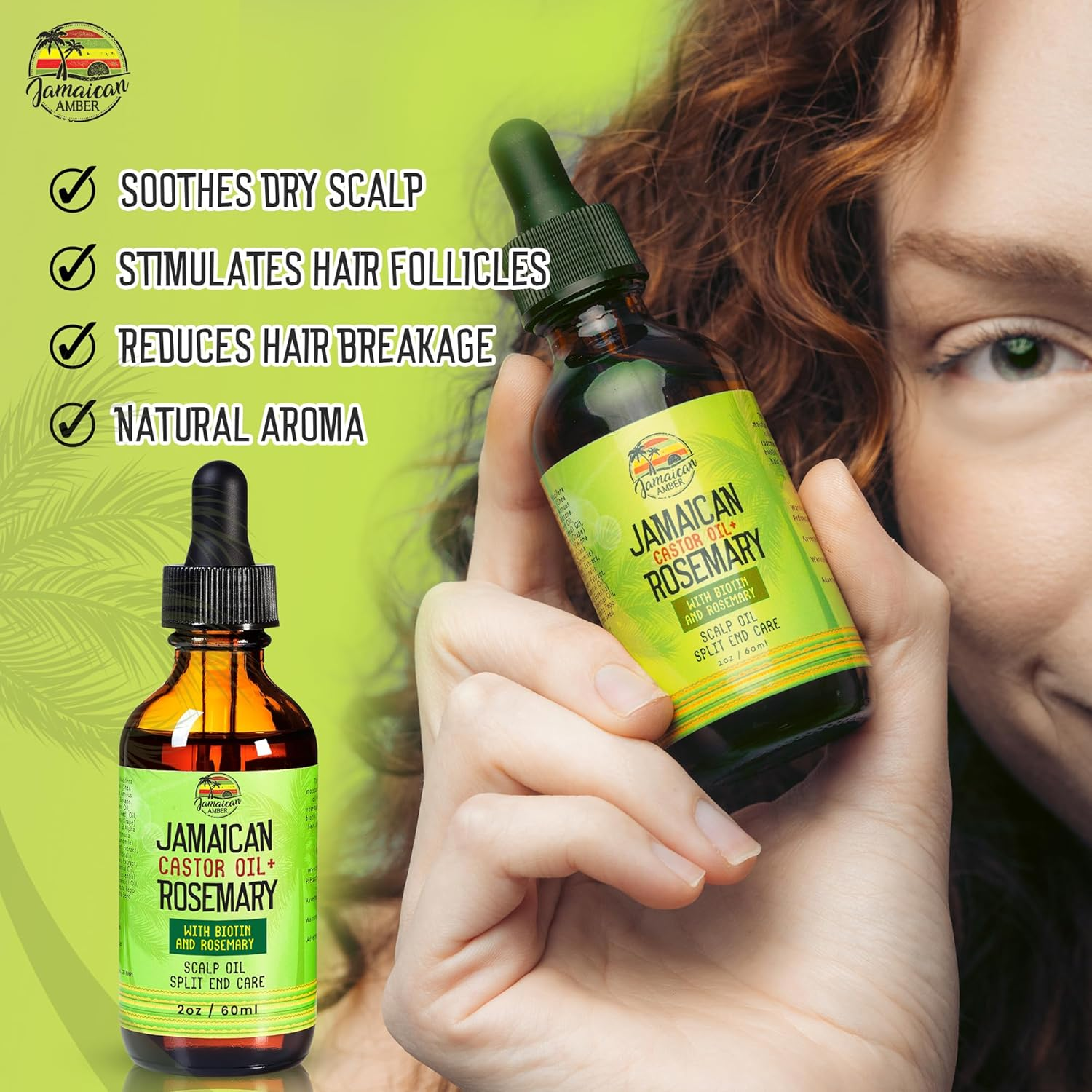 Jamaican Amber Organic Black Castor Oil - 60 Ml / 2 Fl Oz - for Hair Strength, Hair Scalp, Body Massage Oil, and Eyebrows - Formulated to Prevent Hair Loss, for Women and Men with Biotin & Rosemary