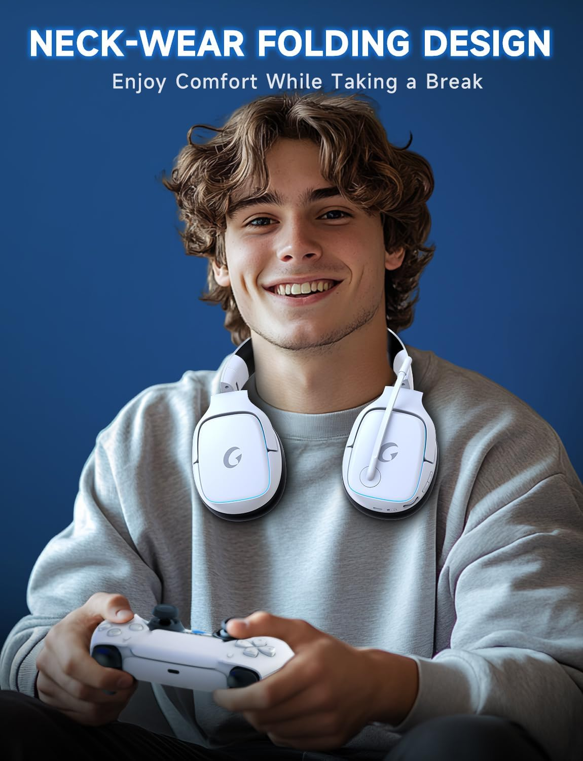 2.4Ghz Wireless Gaming Headsets for PS5, PS4, PC, Switch - Bluetooth 5.3 Gaming Headphones with Noise Canceling Mic, 7.1 Surround Sound, 70H Battery, Blue Lighting-Matt White image number 4