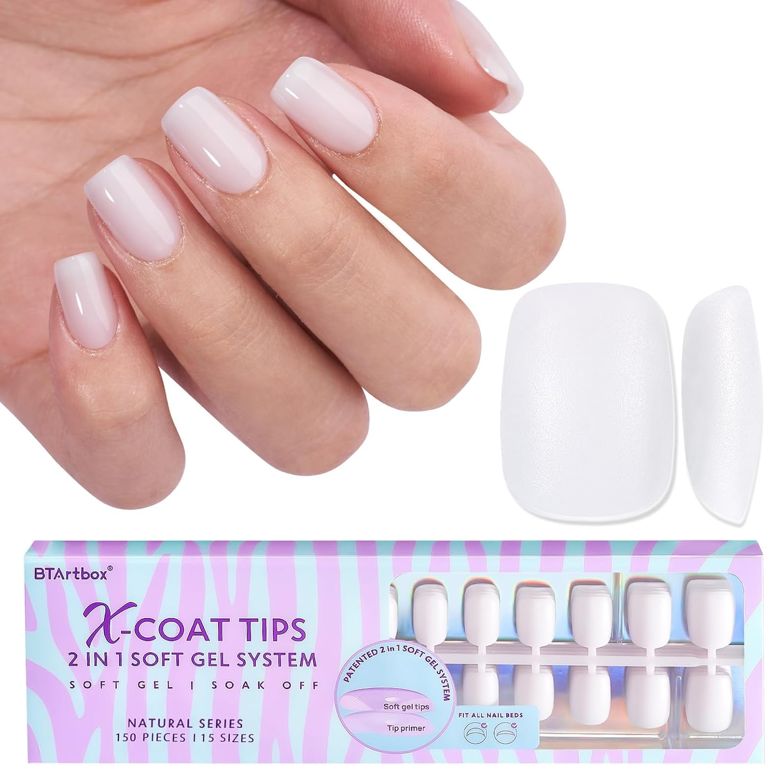 Btartboxnails XS Short Square Gel Nail Tips - Pre Colored Milky White Soft Gel Nail Tips, Milky White Press on Nails, Natural XCOATTIPS Pre Applied Tip Primer