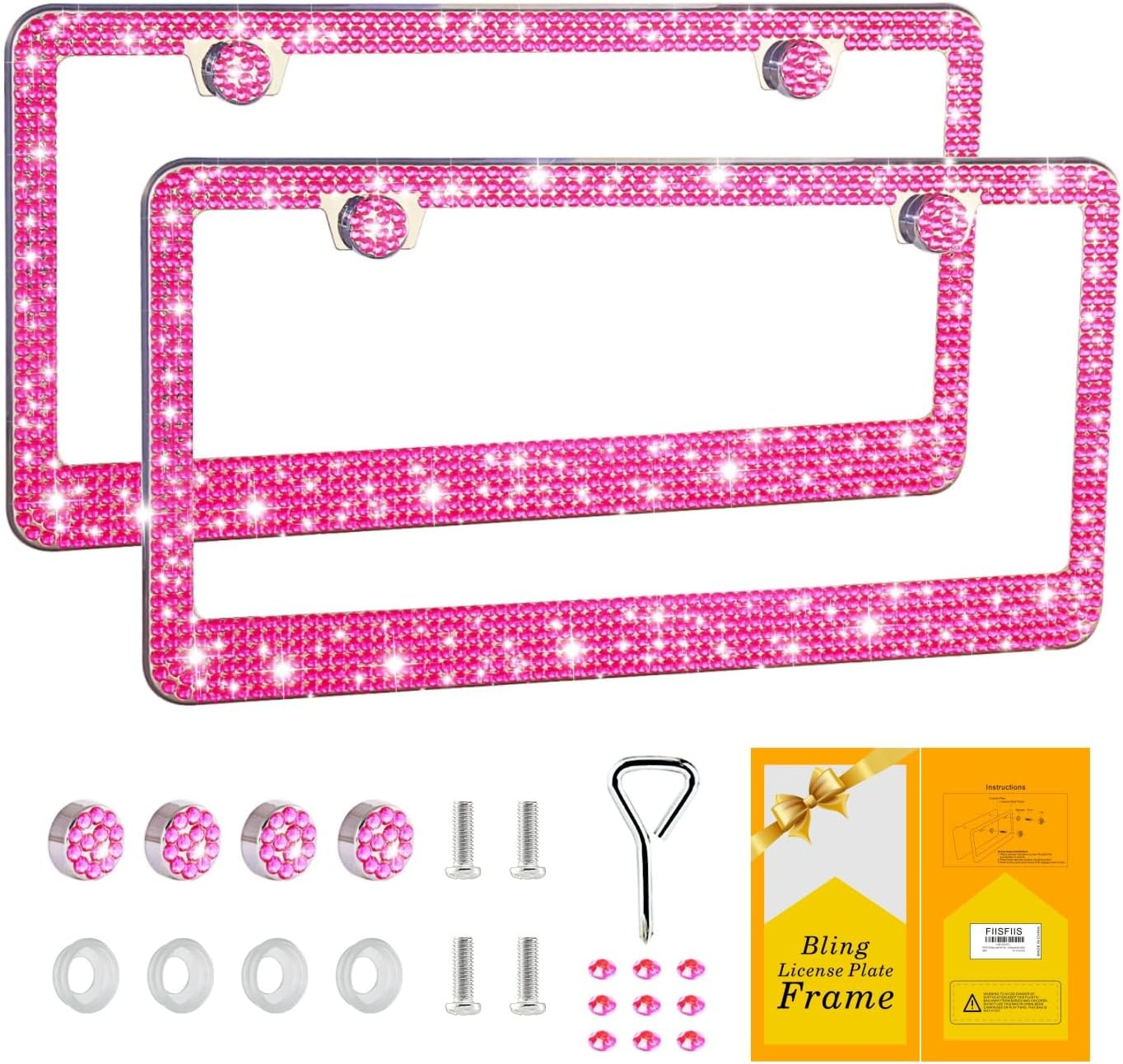 Bling License Plate Frame for Women,2 Pack Premium Stainless Steel Rhinestone Car License Plate Holder,Handmade Glitter Crystal Diamond Lincense Plate Cover,Bedazzled Sparkly Caps-Pink image number 6