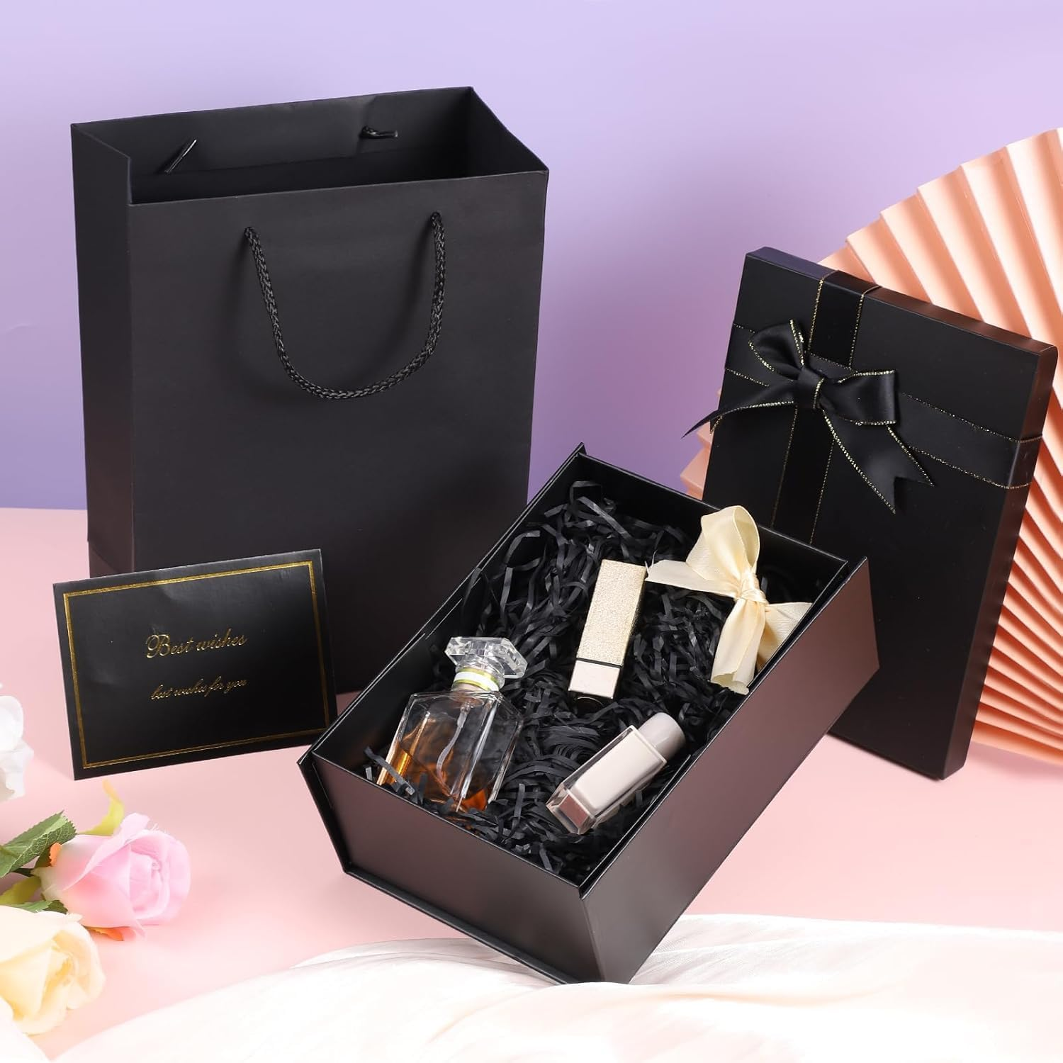 PQCLXUYA Black Gift Boxes,8.6" X 6.3" X 3.3" Gift Boxes with Lids,Luxury Gift Boxes,With Ribbon Bow, Gift Bags,Card and Shredded Paper Filler Family, Friends, Children or Clients (Black) - Black image number 2
