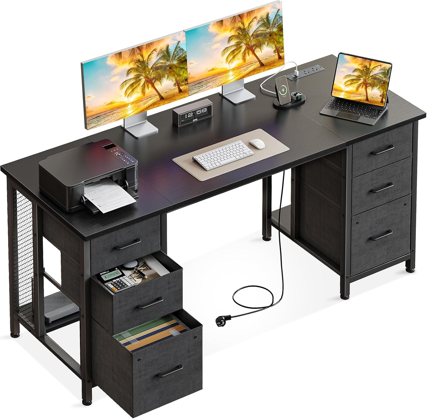 ODK 160Cm Computer Desk with 2 File Cabinets and 4 Fabric Drawers, Home Office Desk with Power Outlets, PC Table with Storage,Study Table for Bedroom Office Gaming,160 * 53 * 76Cm,Black
