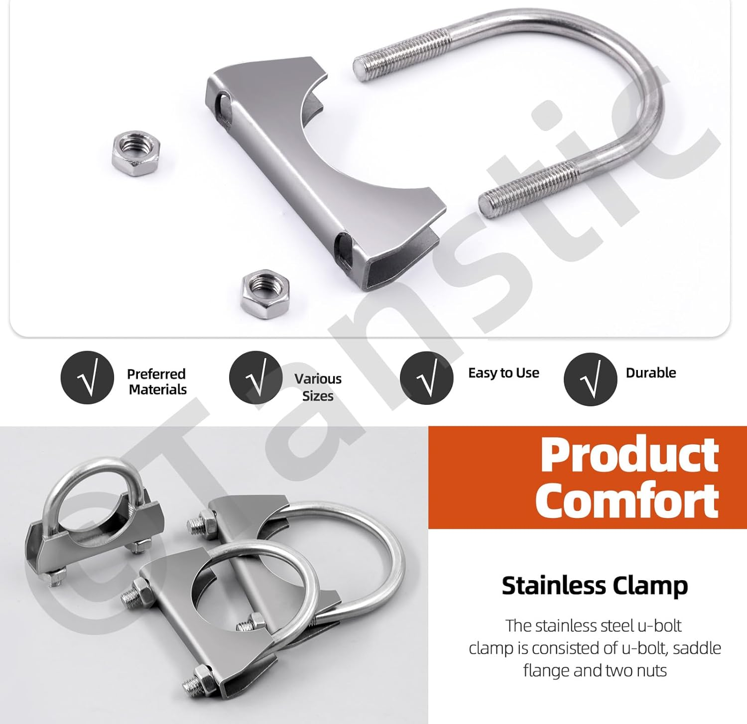 Tanstic 2Pcs U-Bolt Exhaust Clamps, 1-3/4&rdquo; Stainless Steel Muffler U-Bolt Clamps with Saddle Flange image number 6