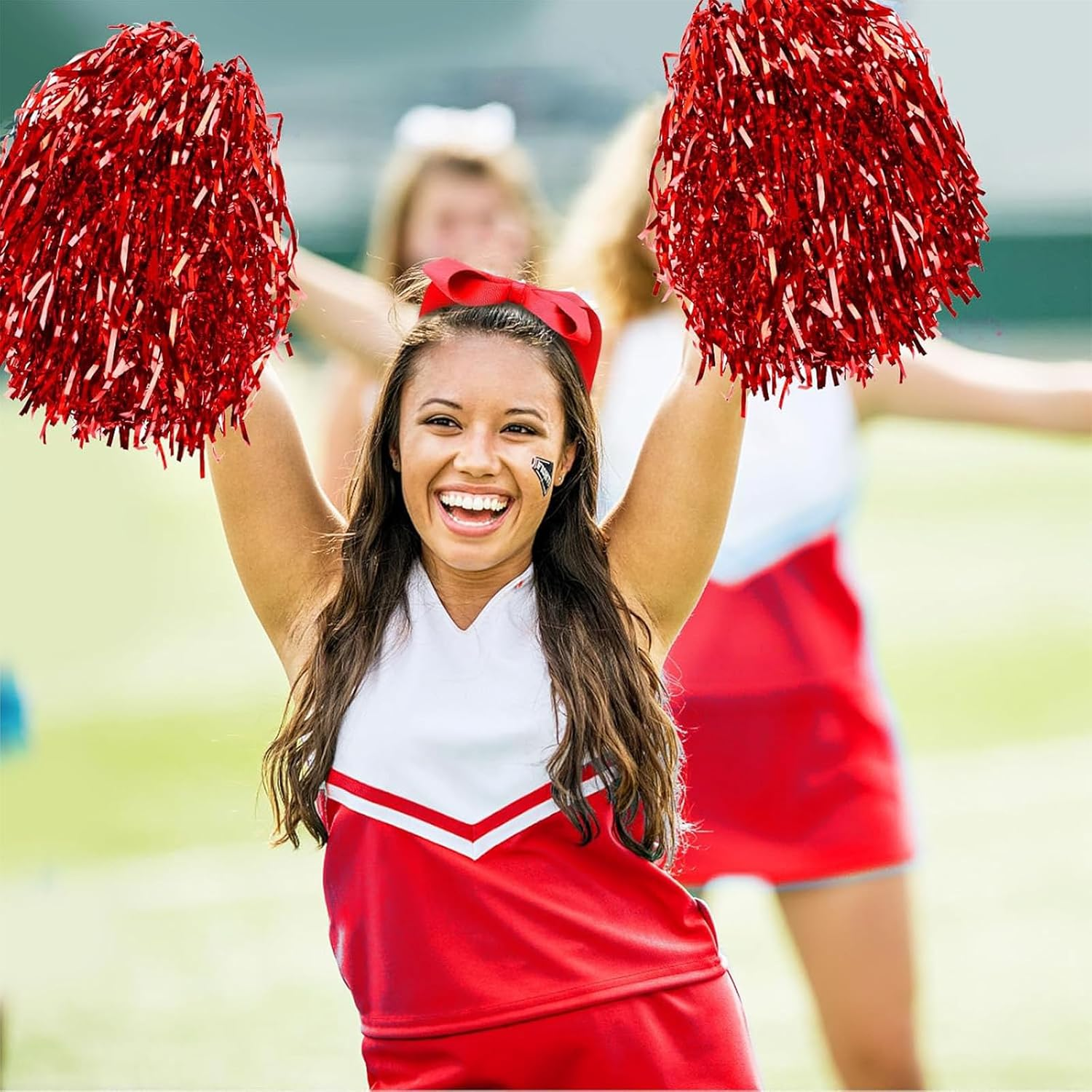 14 Pcs Cheerleader Cheerleading Pom Poms Metallic Foil Pompoms for Sports Meet Team Spirit Cheering Party Dance Supplies Straight Hole, Red