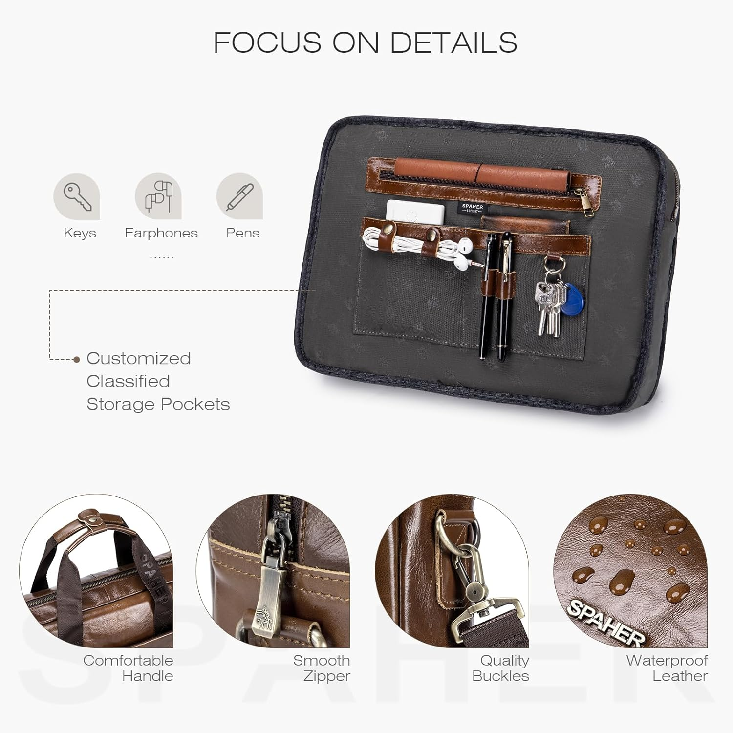 SPAHER Mens Leather Laptop Bag Briefcases for Men 15.6 Inch Leather Briefcase Business Work Laptop Handbag Shoulder Bag Office Bag for Men Laptop Messenger Bag image number 3