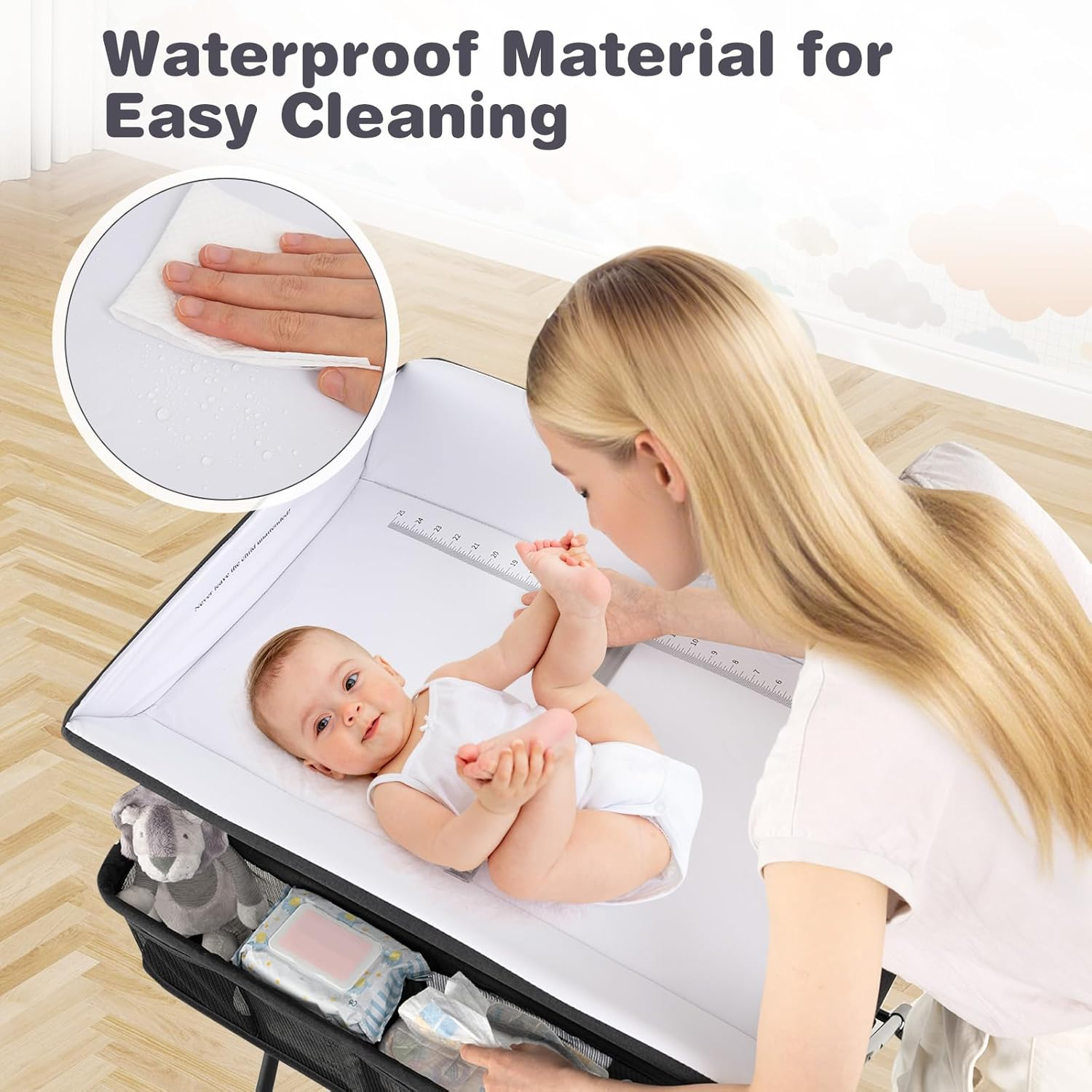 INFANS Baby Changing Table with Wheels, Portable Folding Diaper Station Nursery Organizer with Storage Basket, Hanging Rack, Adjustable Height, Safety Belt for Newborn Infant (Black) - Gray image number 2