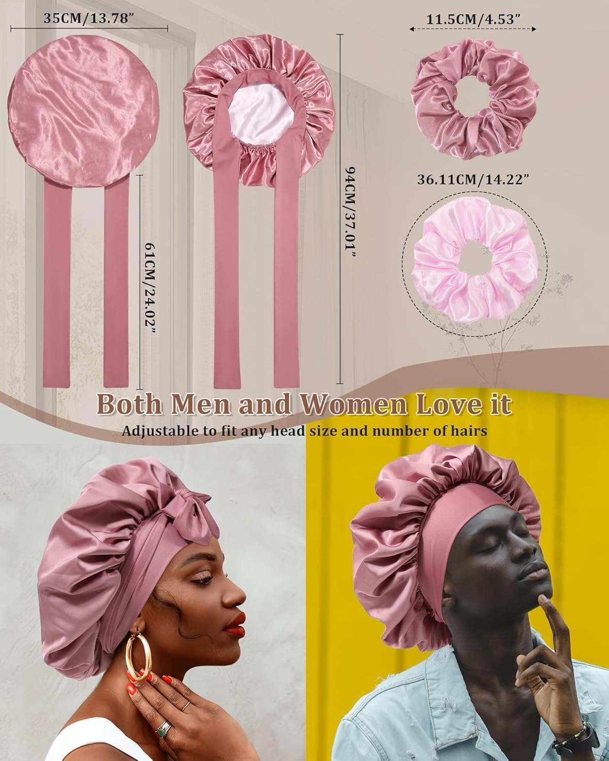 Maedery Reversible Satin Bonnet for Sleeping Women Double Layer Hair Bonnet with 2PCS Hair Scrunchies Elastic Tie Band Night Cap, Bean Paste + Pink, One Size image number 6