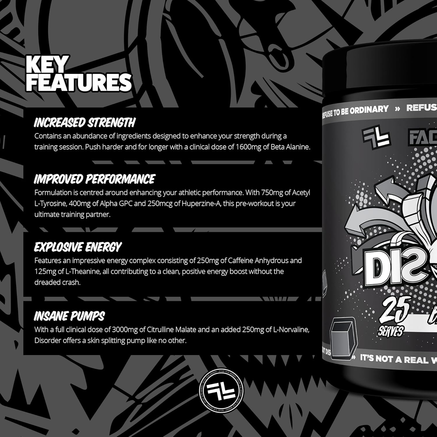 Faction Labs Disorder Original Pre Workout Powder, Black Fire, Sugar Free Caffeinated Gym Supplement, 25 Serves, 225G image number 1