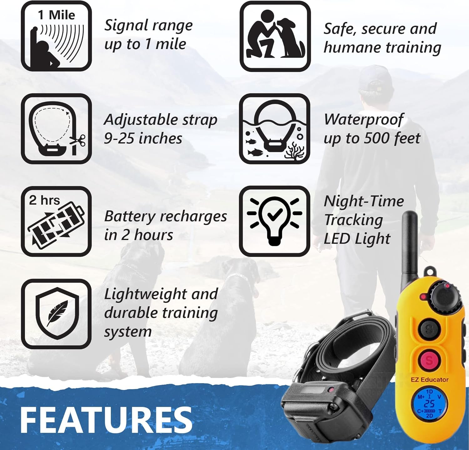 E-Collar Educator EZ-900-1/2 Mile Remote Waterproof Dog Trainer - Static, Vibration and Sound Stimulation Collar with Petstek Dog Training Clicker image number 2