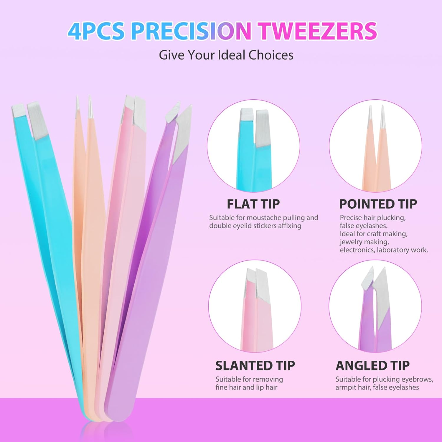 HEYMKGO 8 Piece Tweezers Set Precision Tweezers Stainless Steel with Travel Case Eyebrow Scissors with Comb Removable Scissors Eyebrow Razor Eyelash Brush Tweezers Eyebrow Plucking for Women Coloured image number 2