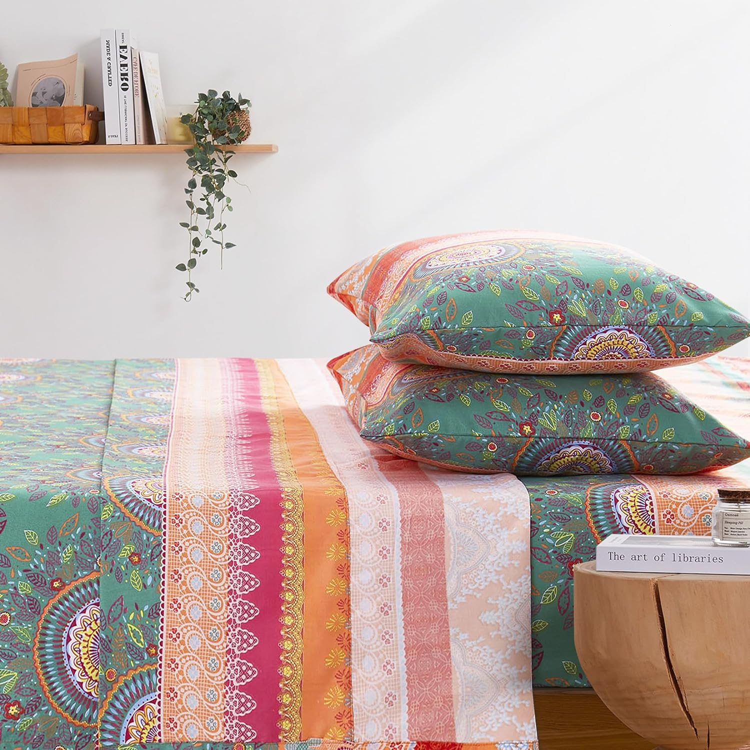 Wake in Cloud - Boho Bed Sheets Set, Soft Microfiber Bohemian Mandala Pattern Printed Bedding, Extra Deep Fitted Sheet & Flat Sheet & 2 Pillowcases, 4 Pieces, Orange Coral, Queen Size image number 2