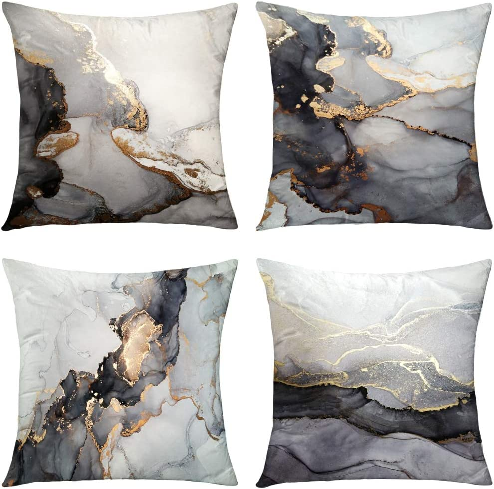 GALMAXS7 Marble Texture Turquoise and Gold Silver Decorative Throw Pillow Covers Luxury Abstract Fluid Art Ink Soft Velvet Pillow Case Square Cushion Covers for Couch Sofa 20 X 20 Inch Set of 4