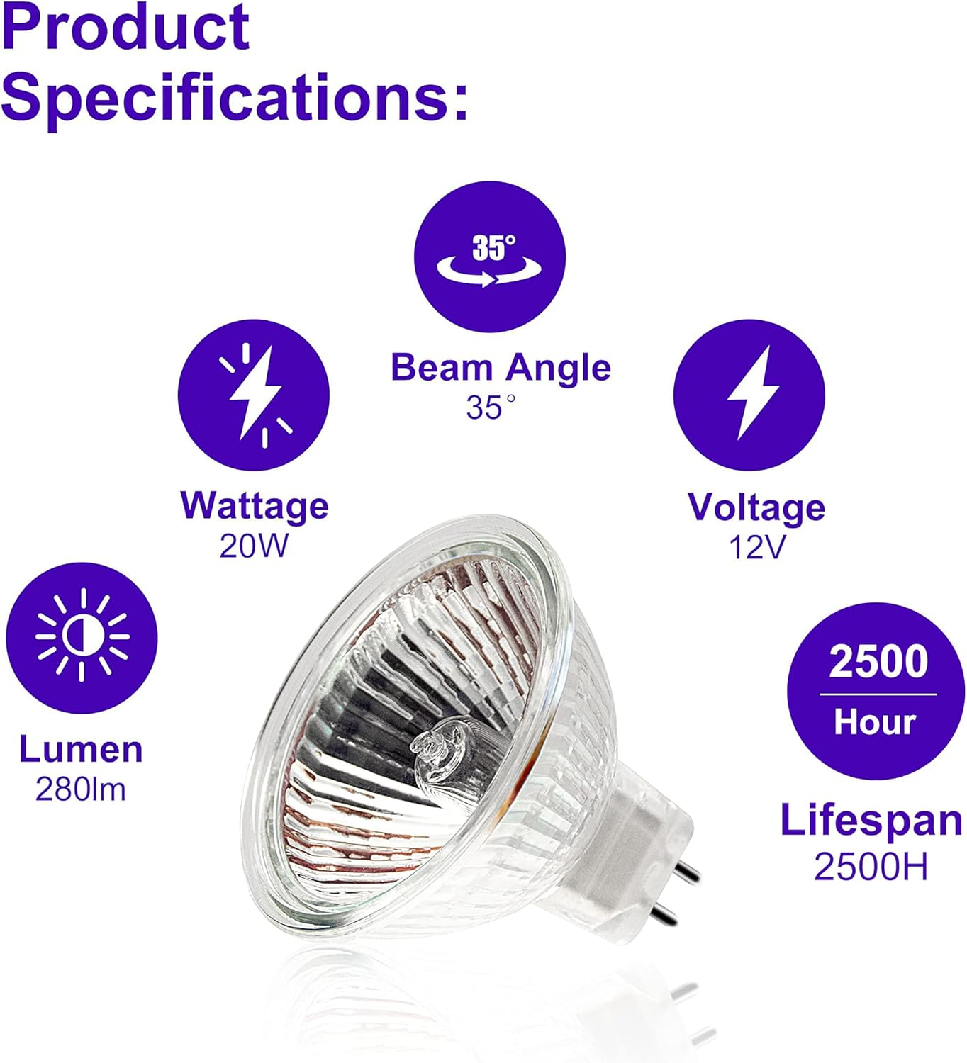 Jaenmsa MR16 Halogen Bulbs, Halogen 12 V 20 W, GU5.3 Halogen Spotlight 2700 K Warm White, MR16 Halogen Bulbs Dimmable, Halogen Reflector Light Bulb Bulbs Bi-Pin, Ceiling Bulbs 280 Lm, Pack of 6 image number 3