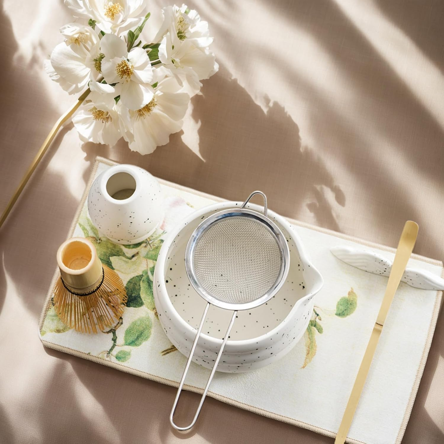 Matcha Whisk Set, Ceramic Matcha Set Includes Matcha Bowl, Matcha Whisk and Holder, Bamboo Scoop, Scoop Rest, Sifter and Tea Towel - 7 Pcs Matcha Kit for Matcha Lovers (White) image number 5