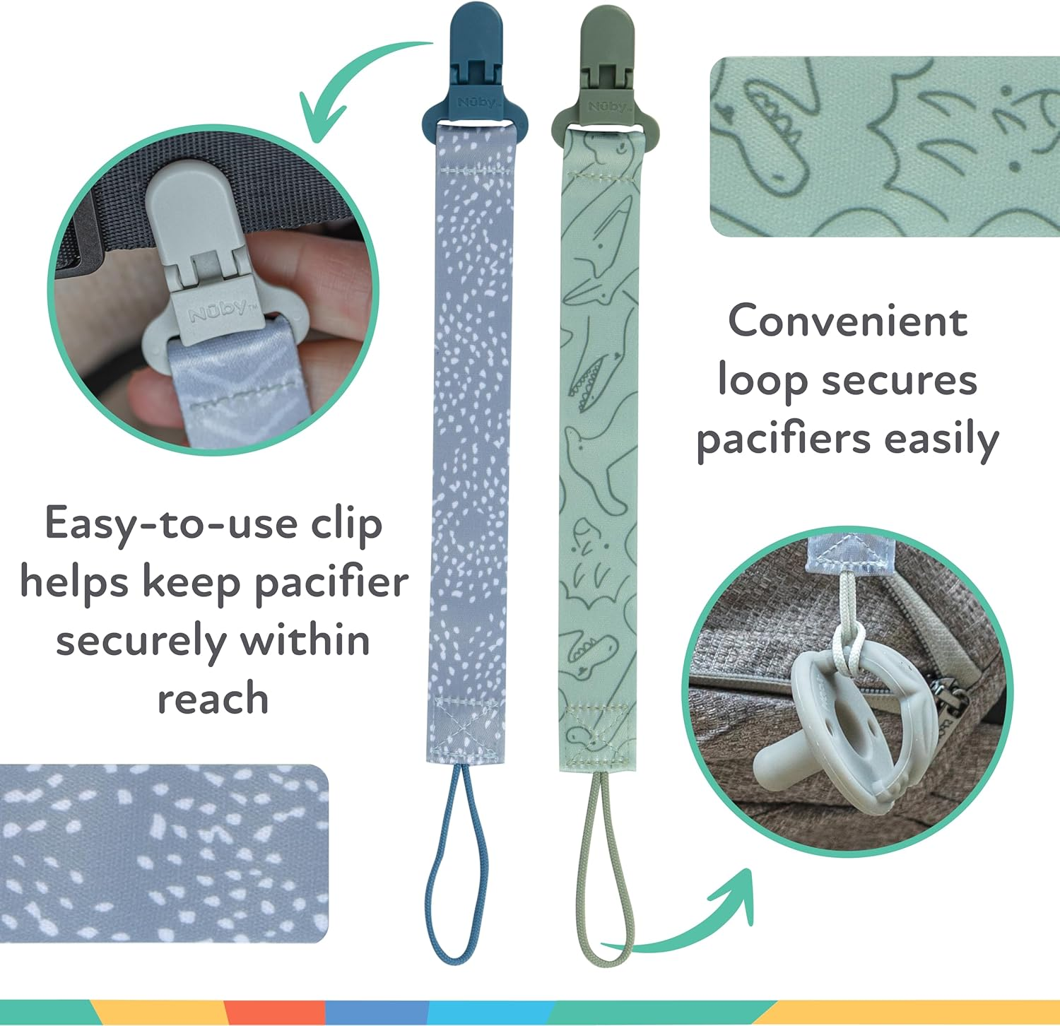 Nuby Pacifinder Pacifier Clip, 2 Pack Pacifier Holder for Boy, Blue Dots and Green Dino