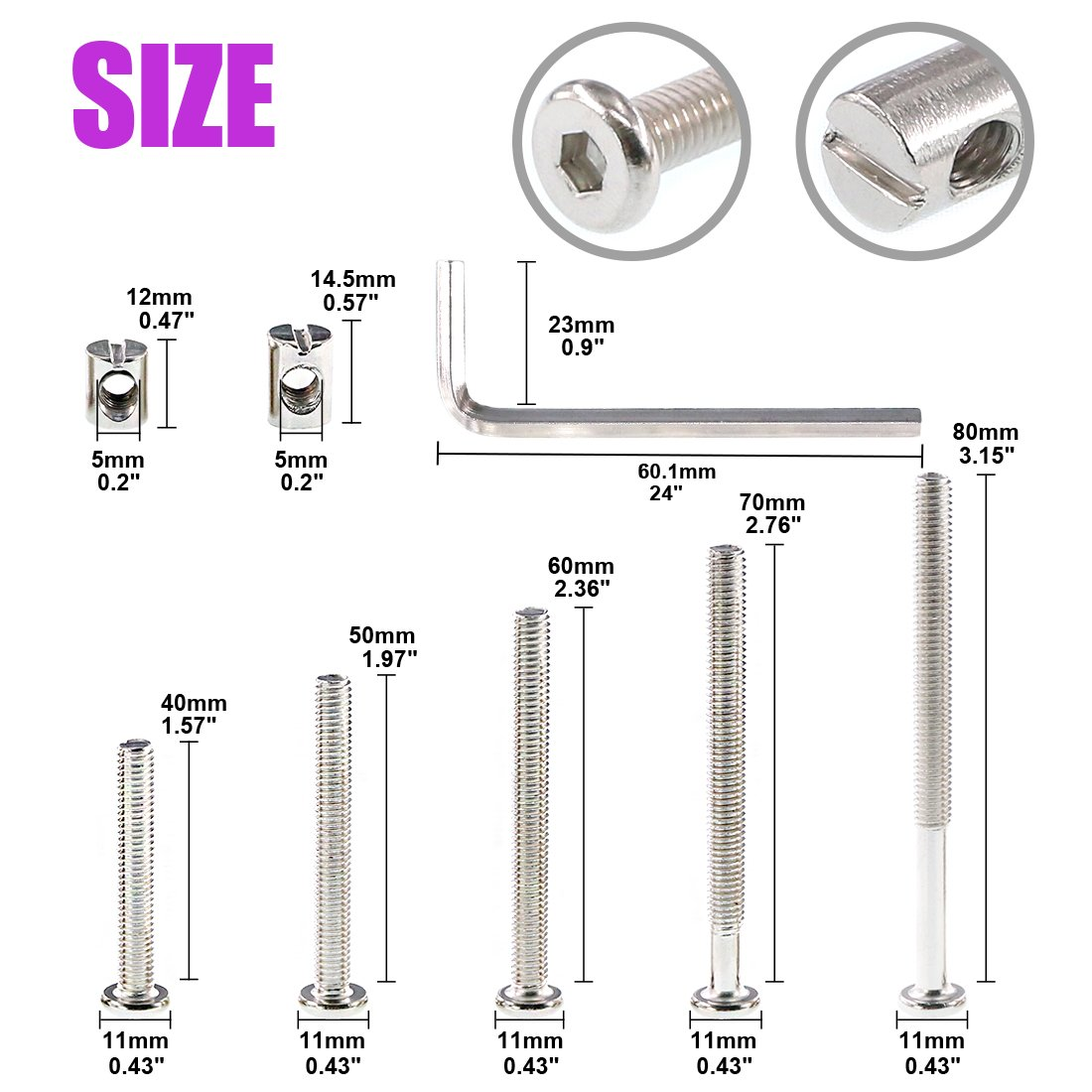 Swpeet 100Pcs Crib Hardware Screws, Nicked Plated M6 &times; 40/50/60/70/80Mm Hex Socket Head Cap Crib Baby Bed Bolt and Barrel Nuts with 1 X Allen Wrench Perfect for Furniture, Cots, Crib Screws image number 4