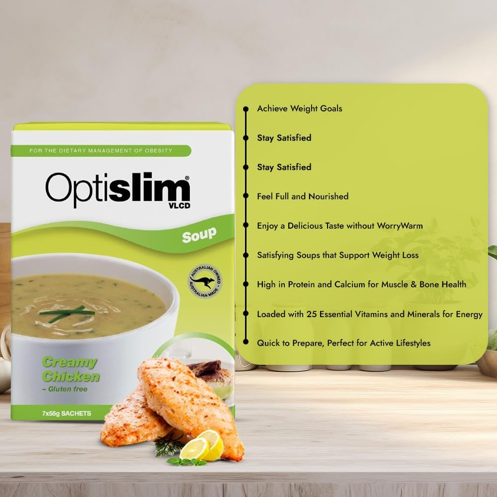 Optislim VLCD Soup - High Pure Protein, Low Carb Healthy Diet Soup Powder, High Calcium, Gluten Free, with 25 Vitamins and Minerals - 7 X 55G - Creamy Chicken image number 3