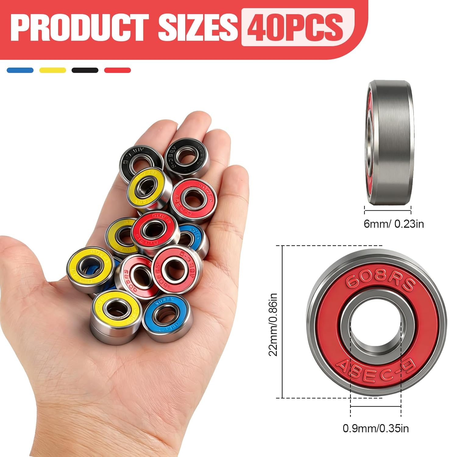 40 Pcs 608 ZZ Ball Bearings, Longboard Roller Skate Bearing Metal Ball Bearings, Double Shielded Miniature Groove Ball Bearings for Skateboards, Scooters & Longboards, High Speed, Low Noise, Durable image number 4