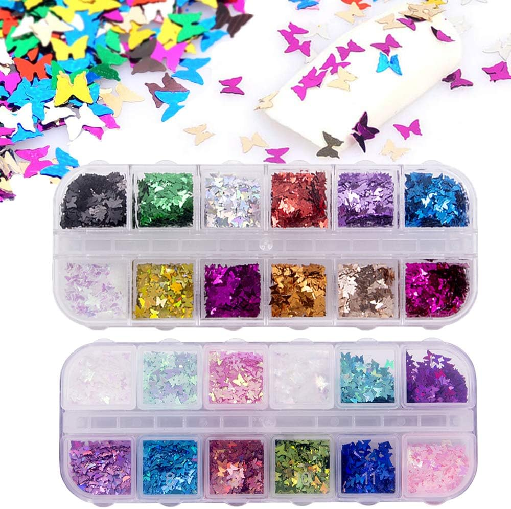24 Color/Set 3D Butterfly Nail Glitter Sequins, Kalolary Splarkly Laser Butterfly Nail Sequin Acrylic Paillettes Holographic Nail Sparkle Glitter Sheets Tips Nail Art Decoration image number 2