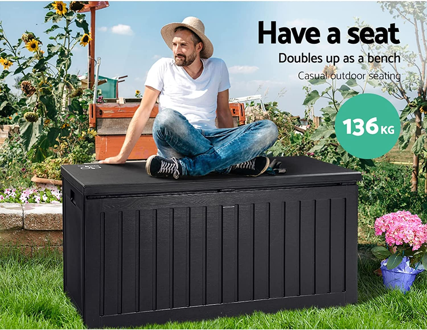 Gardeon Outdoor Storage Box Container Cabinet Bench, 270L Large Lockable Tool Toy Deck Boxes Chest Garden Shed Storages Ottoman Chair Seat Patio Indoor Furniture, Perfect for Water-Resistant Black