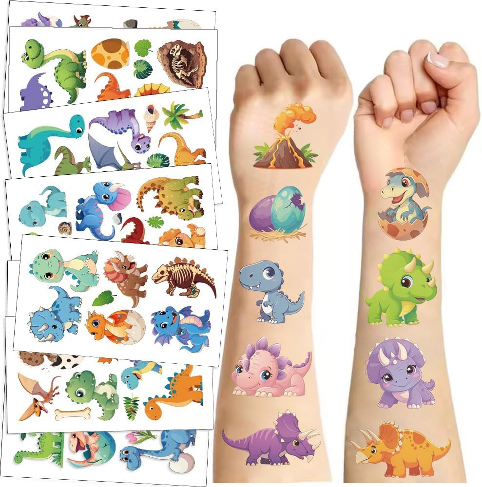 10 Sheet Waterproof Temporary Tattoos for Kids Party Supplies, Temp Tattoo Stickers for Kids Girls Boys Birthday Party Favors Activities (Dinosaur)