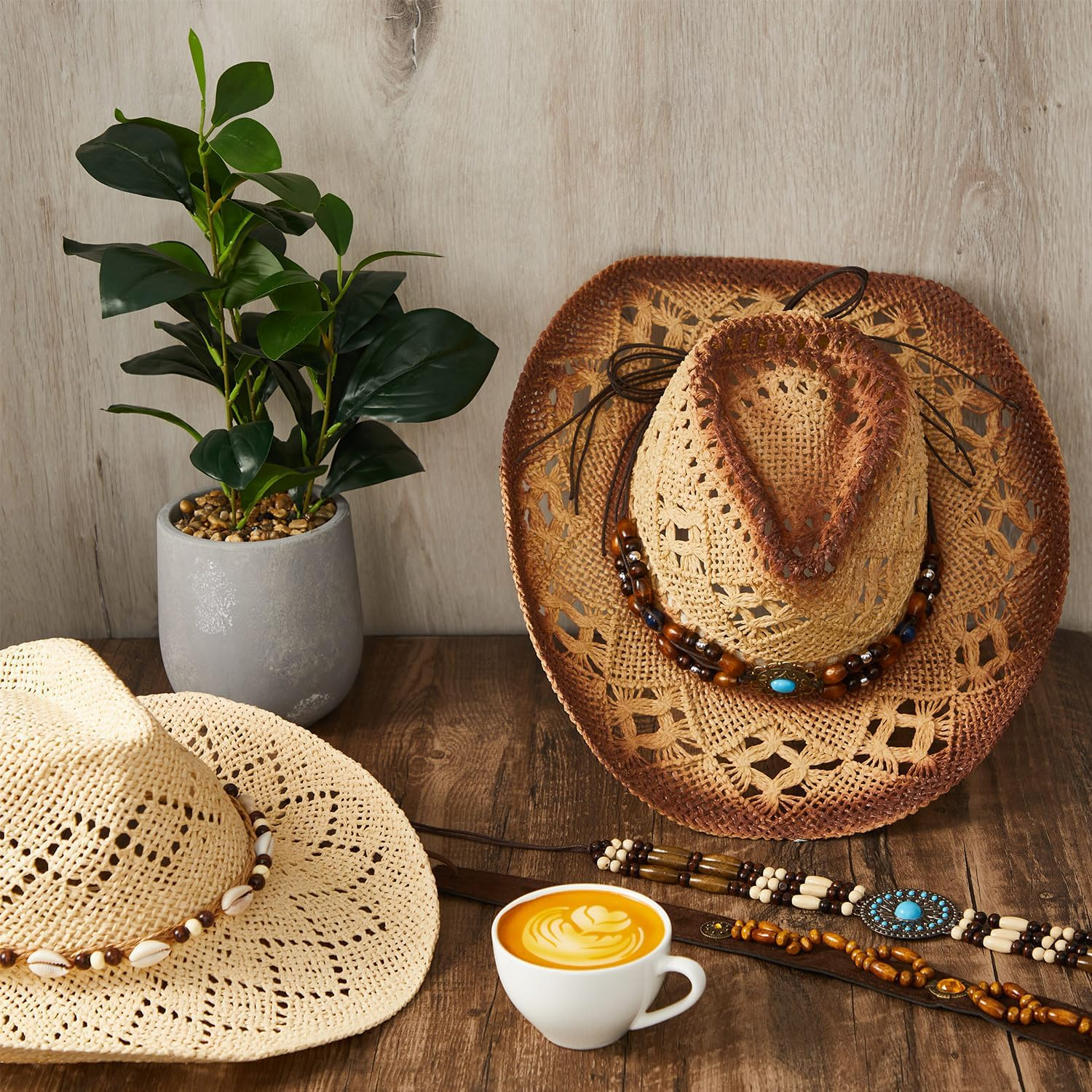 Lyrow 12Pcs Hat Bands for Cowboy Hat Leather Turquoise Beaded Bands Ethnic Western Rural Belts for Women Men Cowgirl(Beads) image number 6