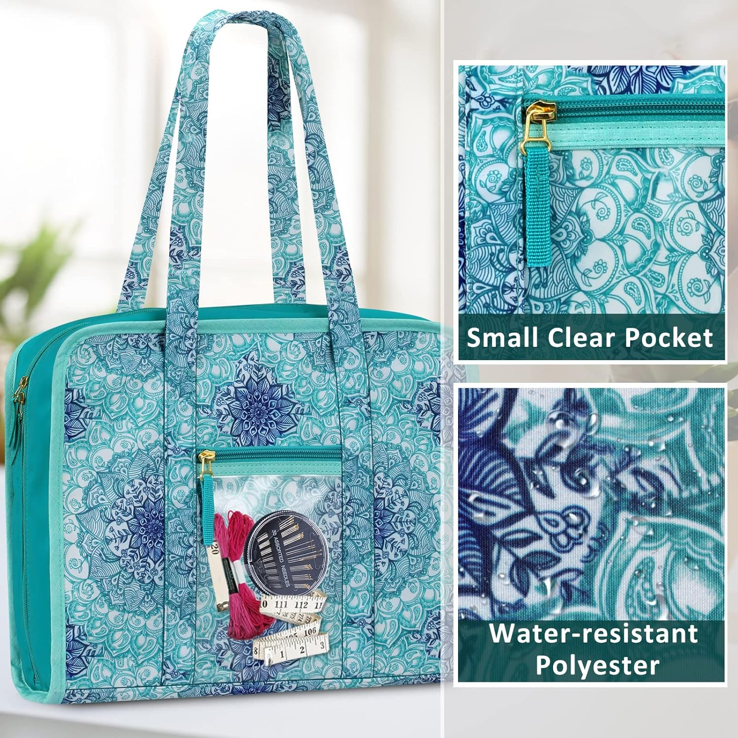 FINPAC Sewing and Craft Supplies Storage Tote, Large Capacity Travel Packing Organizer Bag with Clear Pockets and Handle for Knitting, Crochet, Art, Sewing Accessories - Blooming Hibiscus image number 5