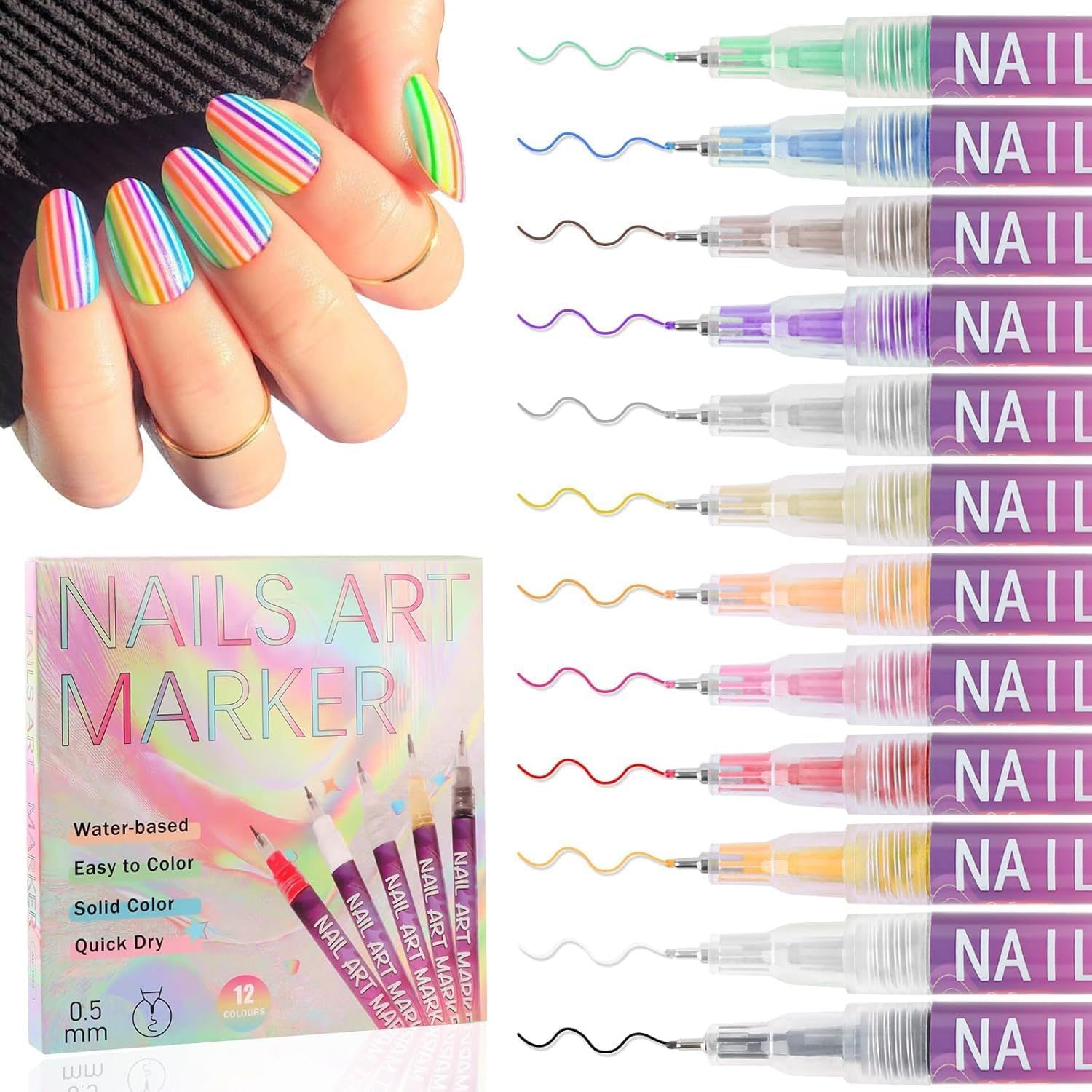 EBANKU 12 Colors Nail Art Pens Set, 3D 0.7MM Nail Polish Pens Quick-Drying Nail Art Acrylic Paint Nail Point Dotting Liner Pen Tools for Home & Salon Nail DIY image number 6