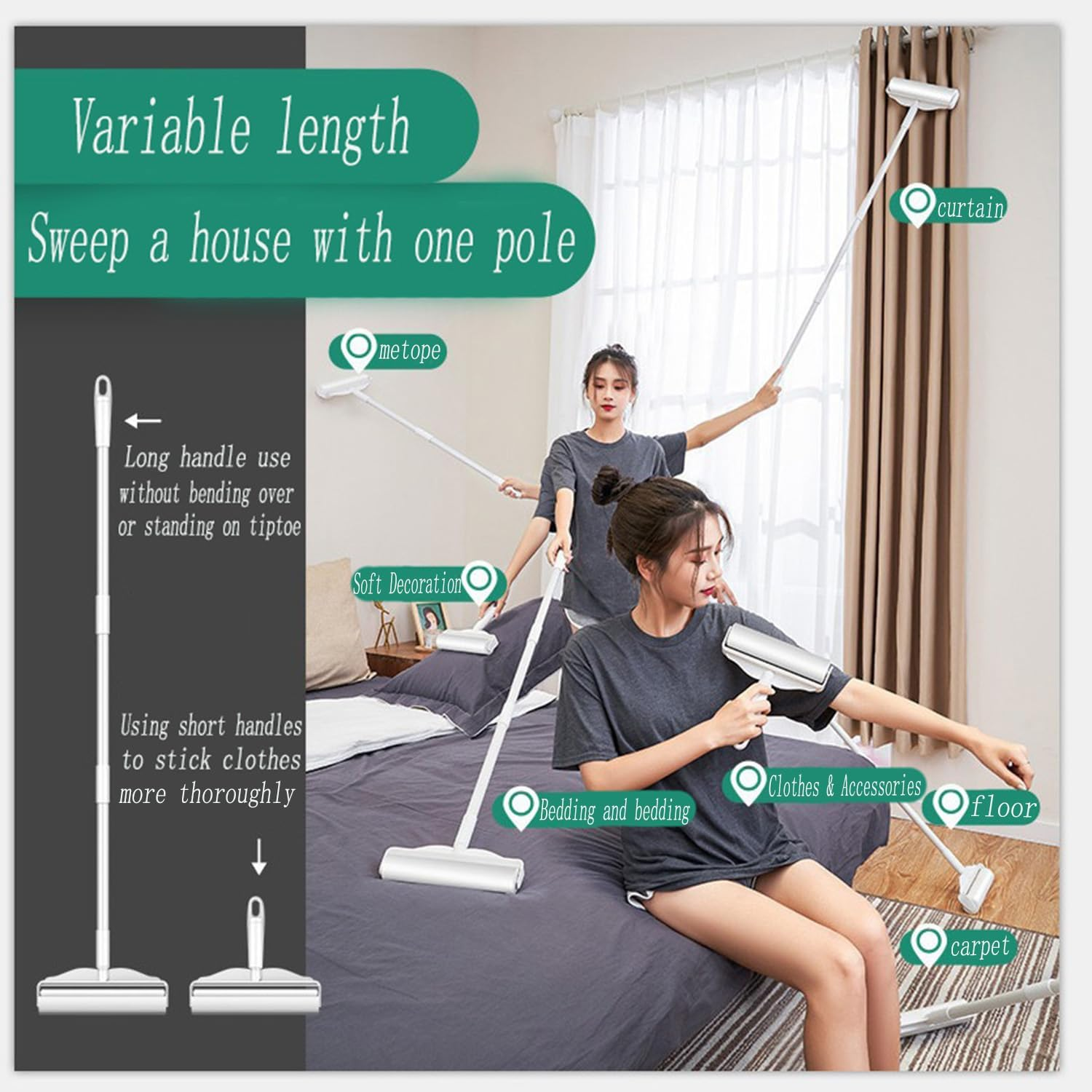 Long Handle Hair Removal Roller Brush, Sticky Large Lint Roller for Pet Hair Remover, Extendable Handle Sticky Mop, Extra Sticky Replacement for Floor Carpets, Sofa, Cars, Curtains, Clothes image number 2