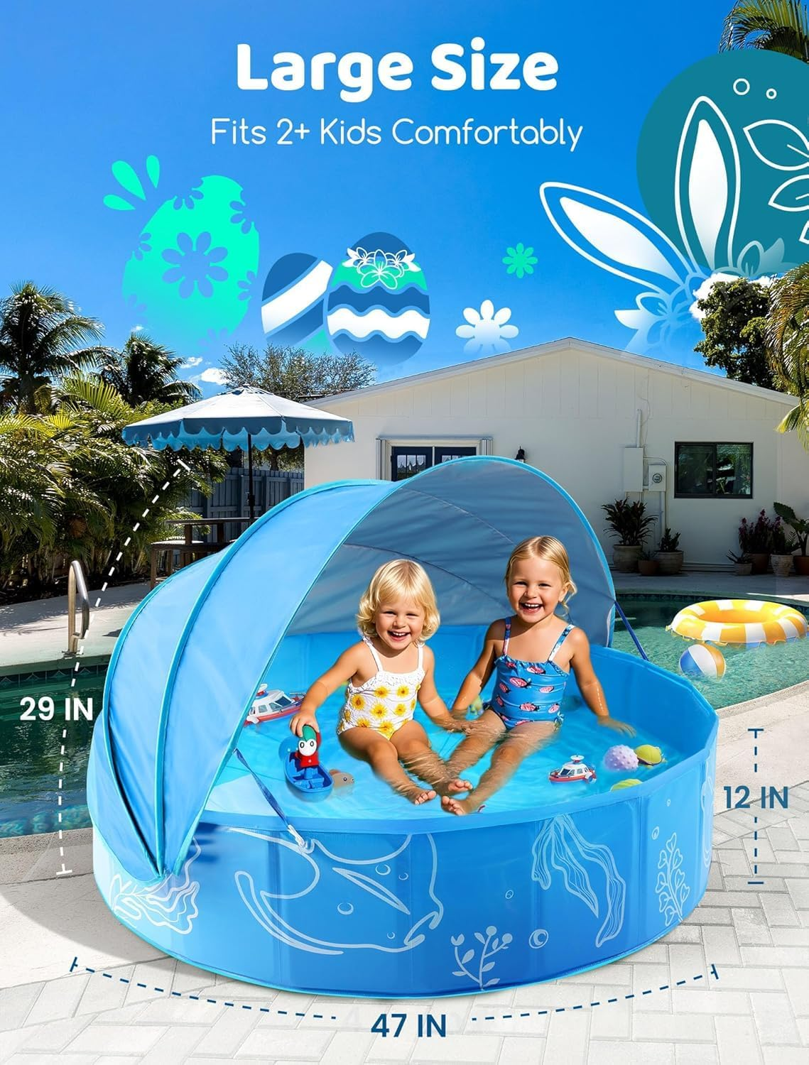 Foldable Kiddie Pool with Canopy: 119Cm Baby Pool and Beach Tent for Toddlers Infants 6-12 Months and Kids 2-4 Years Old - Portable Water Play with Shade for Outdoor Backyard Beach (Blue-Blue) image number 6