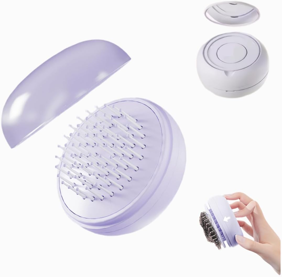 Self Cleaning Hairbrush, Mini Travel Brush with Mirror, Portable Purse Brush for All Hair Types, Scalp Massager for Women Men Kids (Purple)