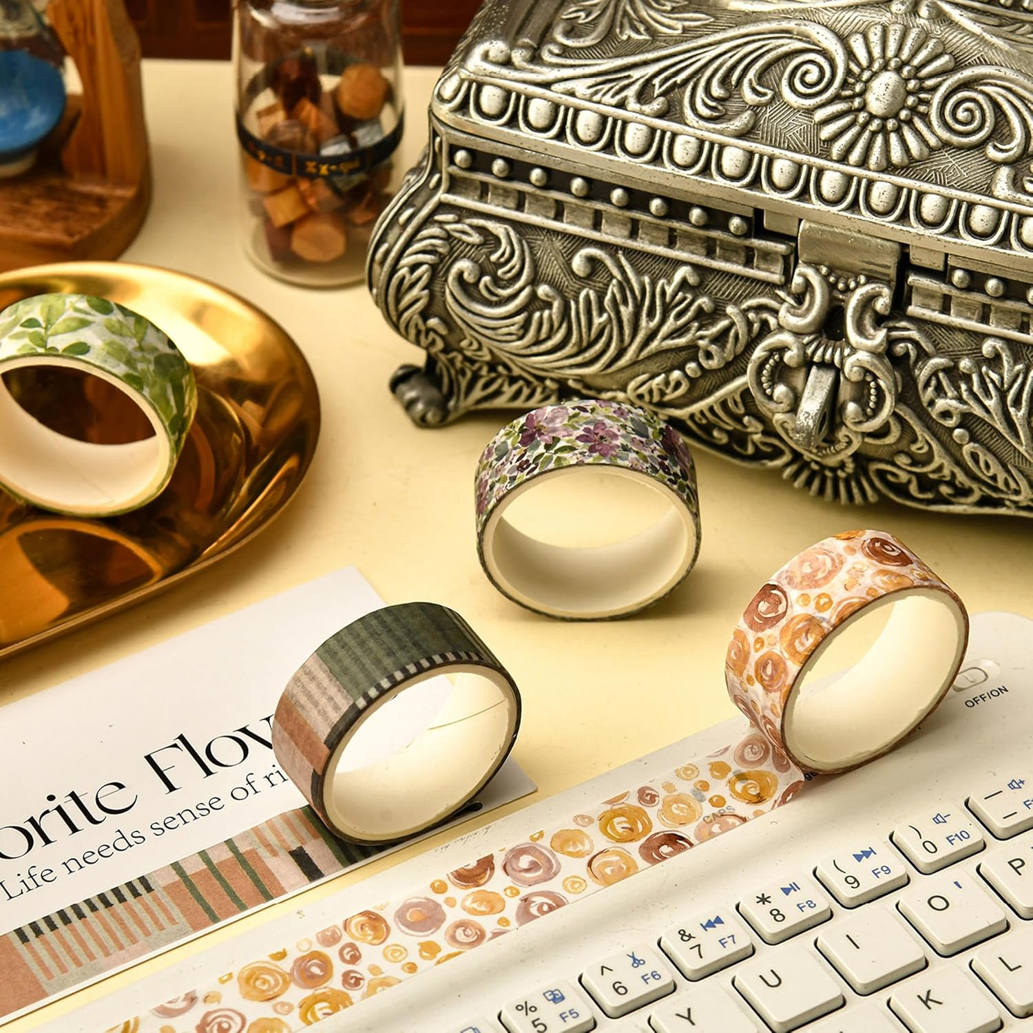 8 Rolls Retro Washi Tape Set Vintage Arts Adhesive Tapes Wide Painting Patterned Decorative Masking Tape Sets for Craft, Kids, Scrapbook, DIY, Gift Wrapping (Flowers & Plants) - Mottled Oil Paint image number 6