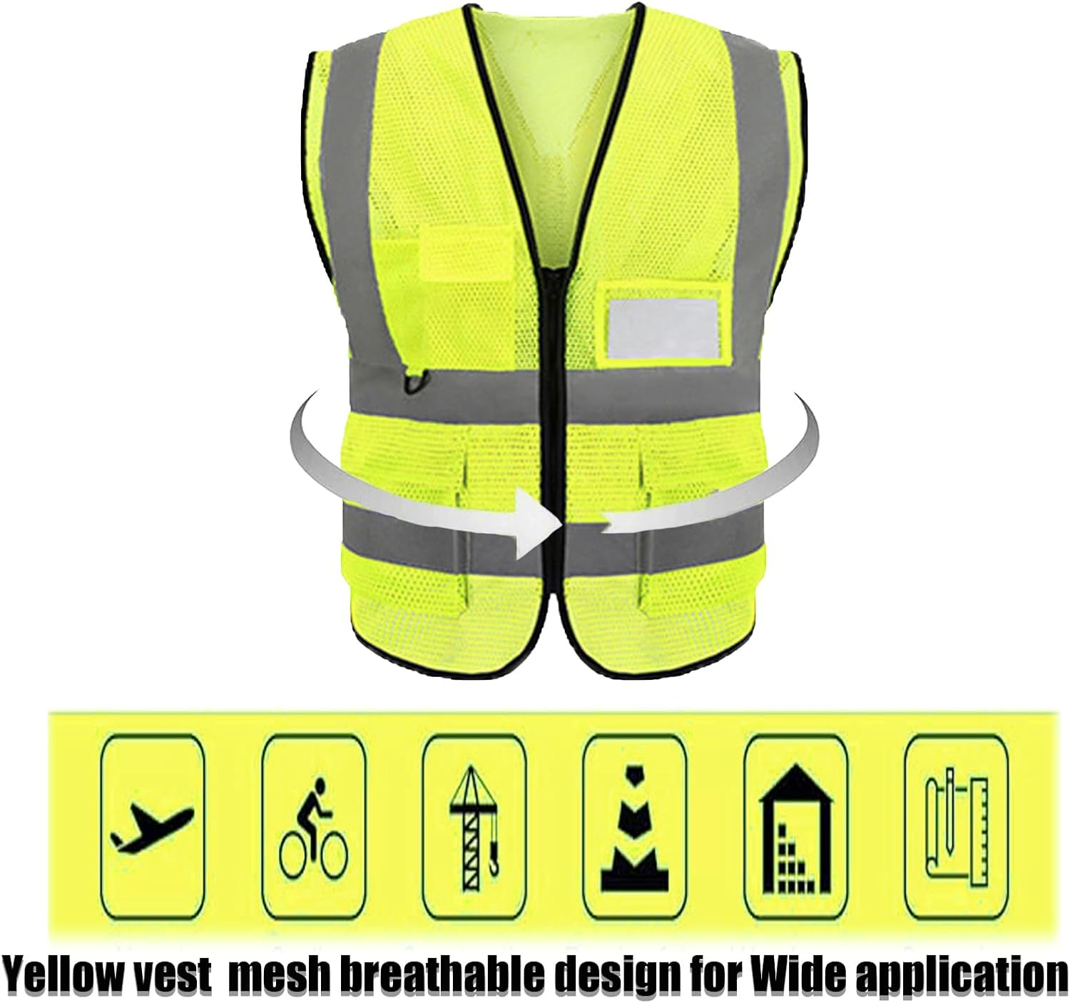 High Visibility Safety Vest, High Vis Vest with Mesh Design, Reflective Strips, Multiple Pockets for Men and Women Yellow,Wear to 140 to 160 Pounds image number 5