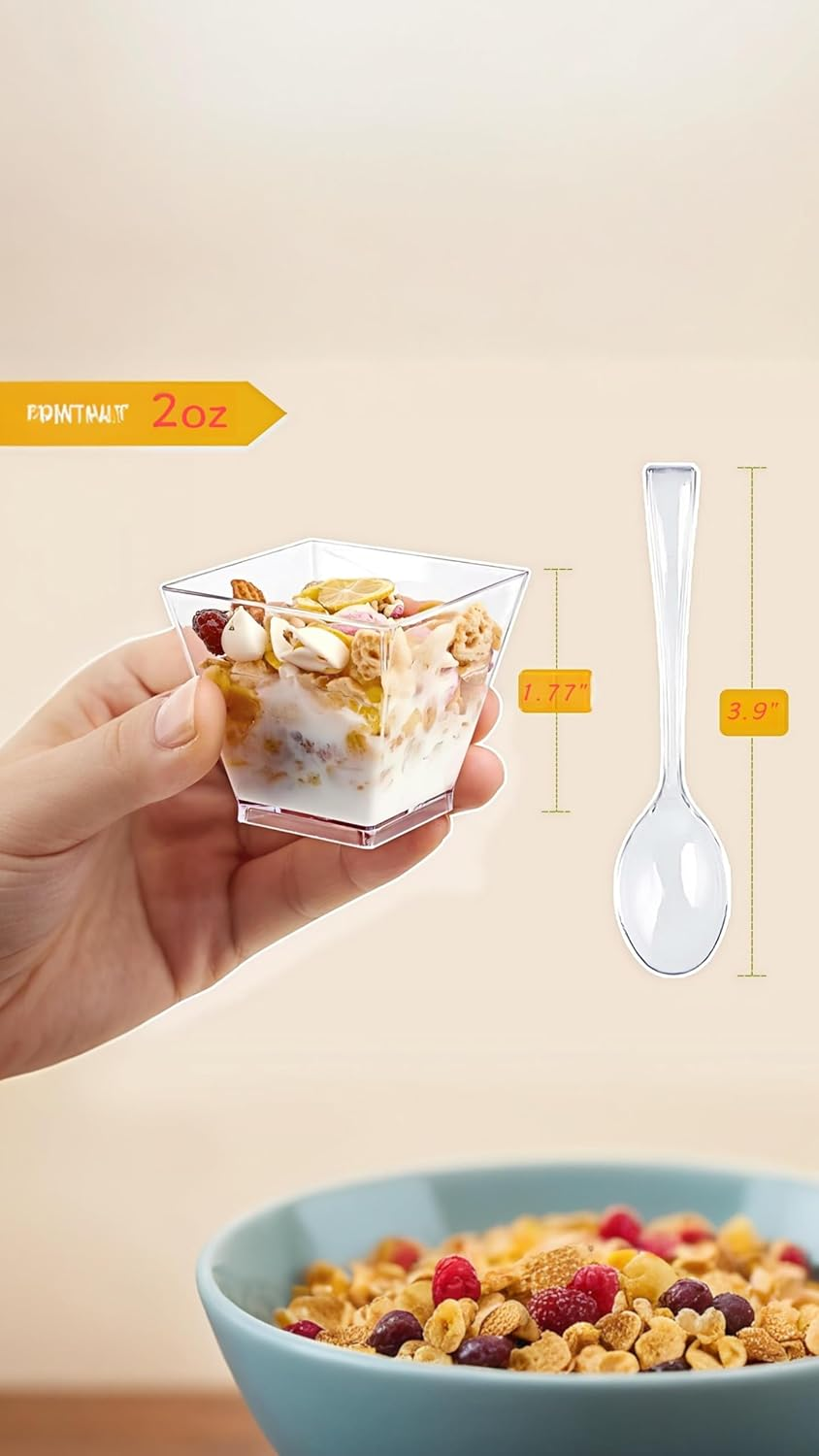 Honwor 50-Pack Clear Mini Dessert Cups with Spoons - Reusable, Square Parfait Cups for Tastings, Apizers, & More - 2.02Oz image number 6