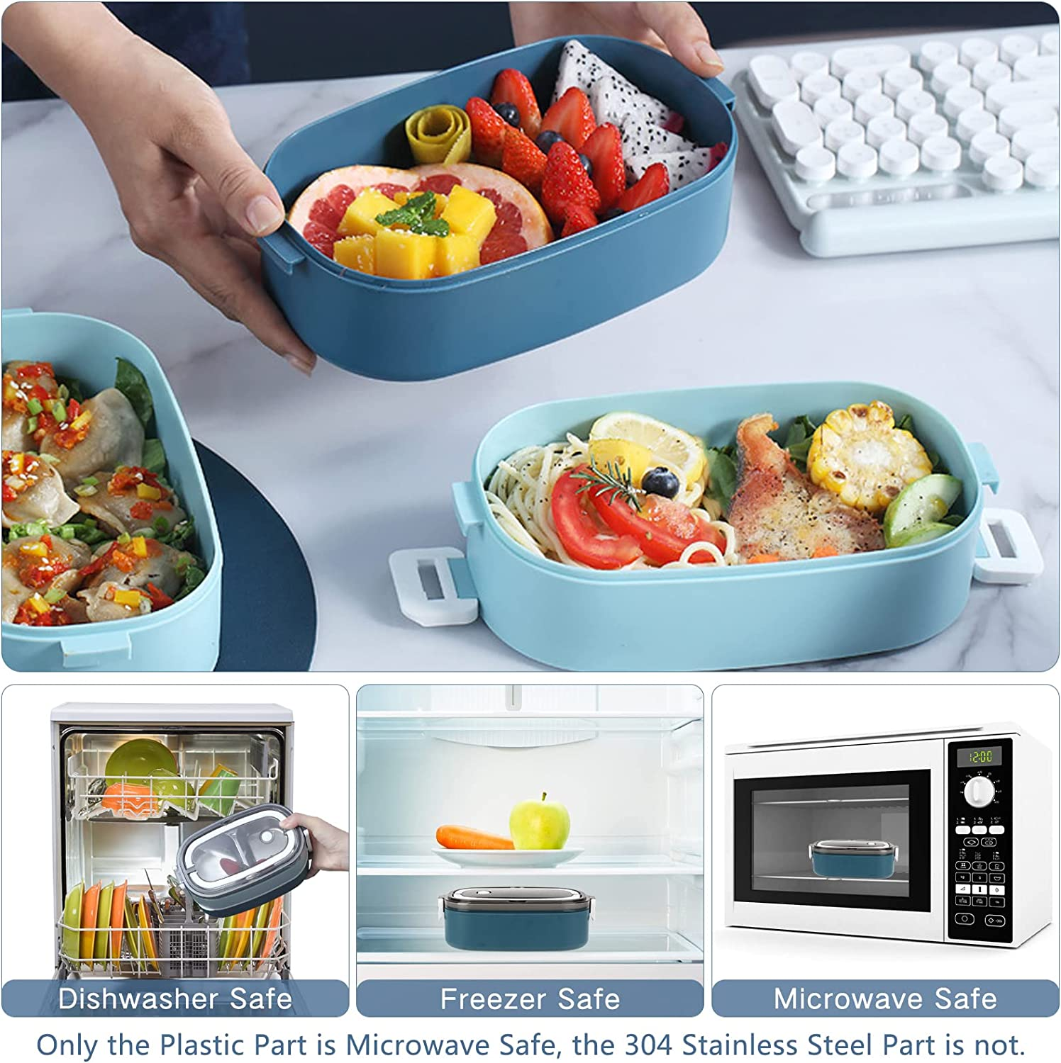2 Tier Bento Box Lunch Box for Adults and Kids, Leakproof Bento Lunch Box with 3 Compartments and Cutlery (Spoon & Fork), Portable Adult Lunch Box with Lunch Bag for Work Office School image number 5